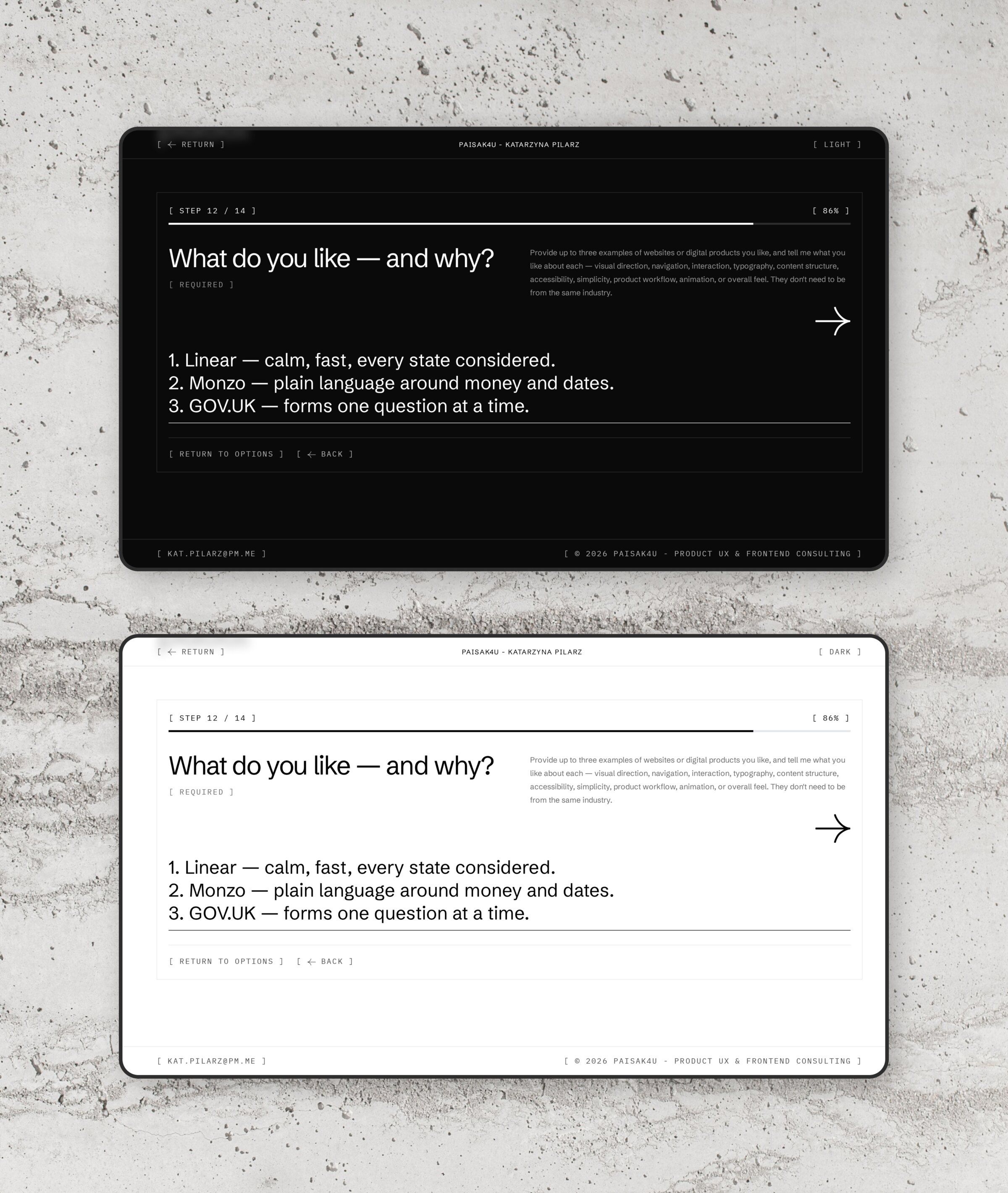 Step 12 of 14 of the project brief, “What do you like — and why?”, on two screens against a concrete wall, dark above and light below: the hint beside the question, and Linear, Monzo and GOV.UK given as the answer