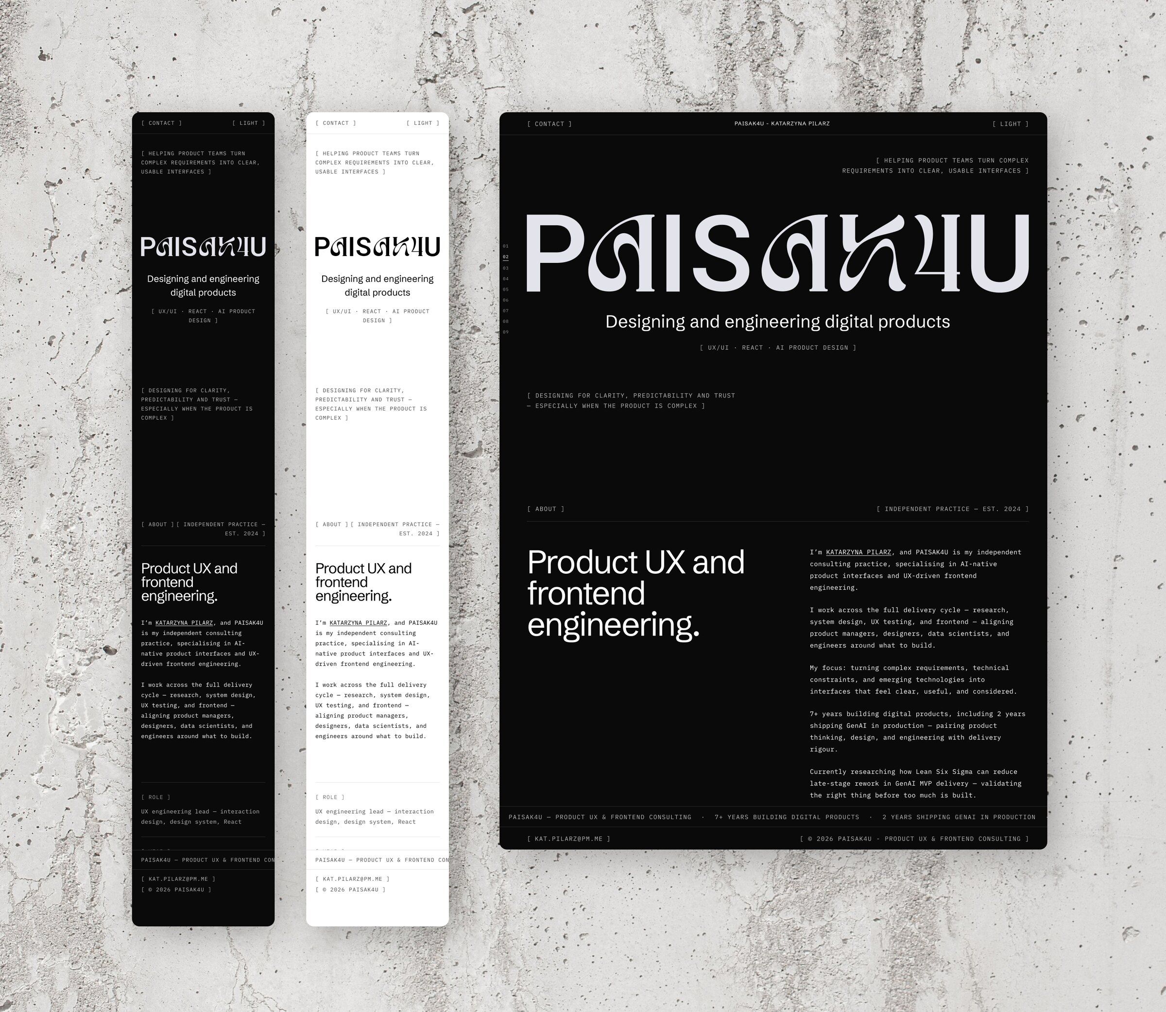 The PAISAK4U home page on two phones, one in the dark theme and one in the light, beside the desktop layout in the dark theme, all on a concrete wall