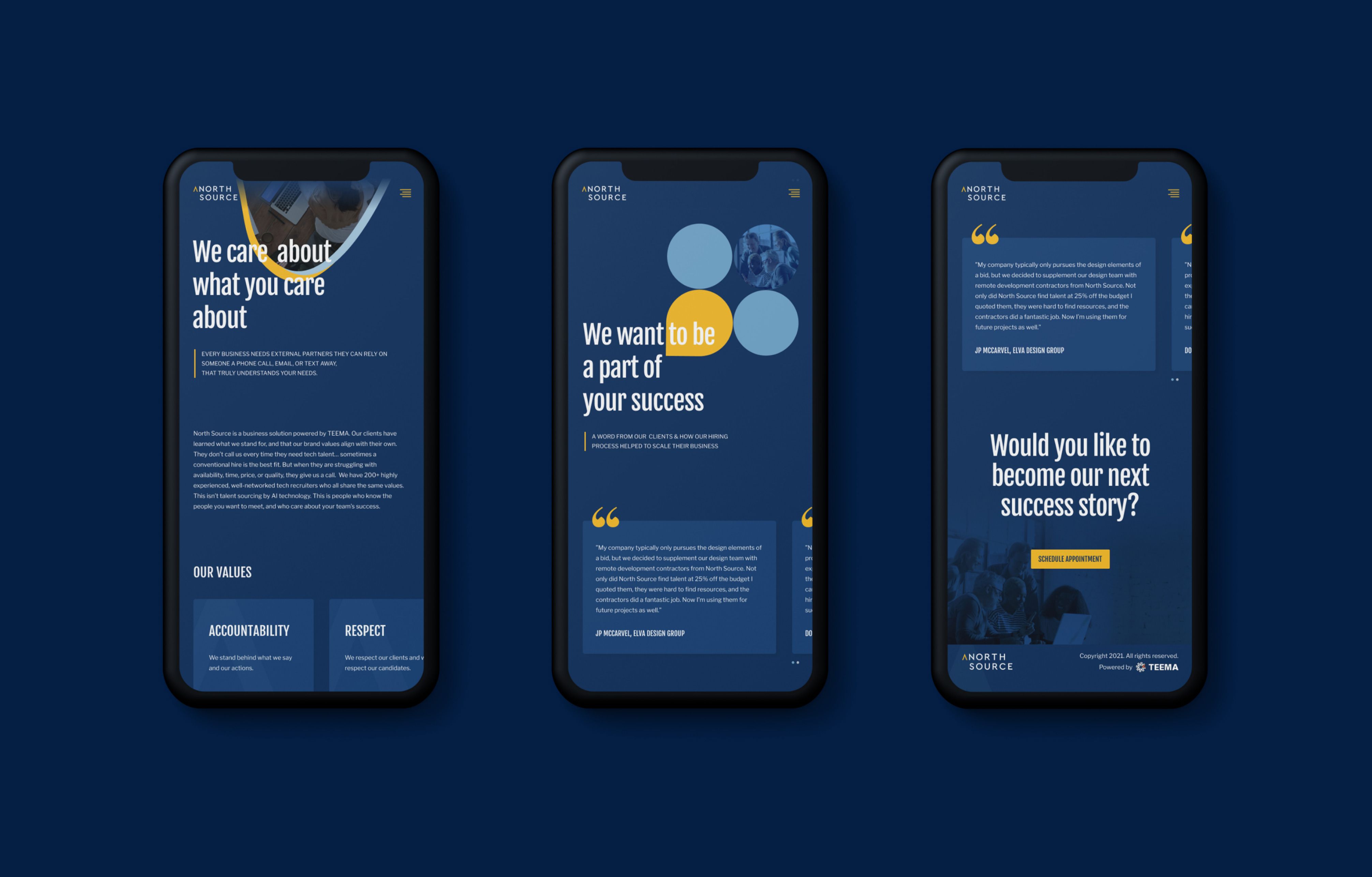 North Source mobile designs : values section, testimonials section and cta section