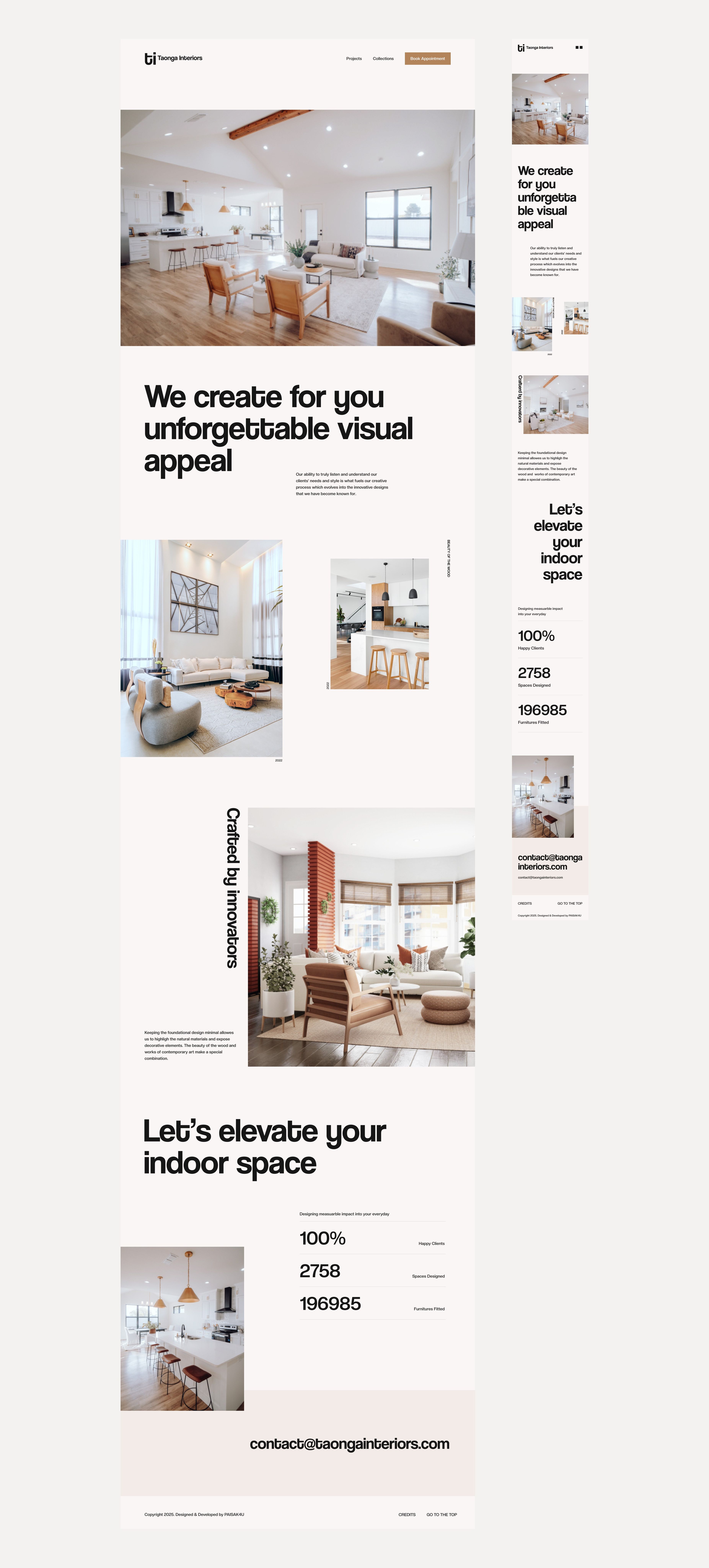 The second half of the landing page on desktop and mobile: the open-plan photo, “We create for you unforgettable visual appeal”, “Crafted by innovators”, the statistics, the contact email and the footer