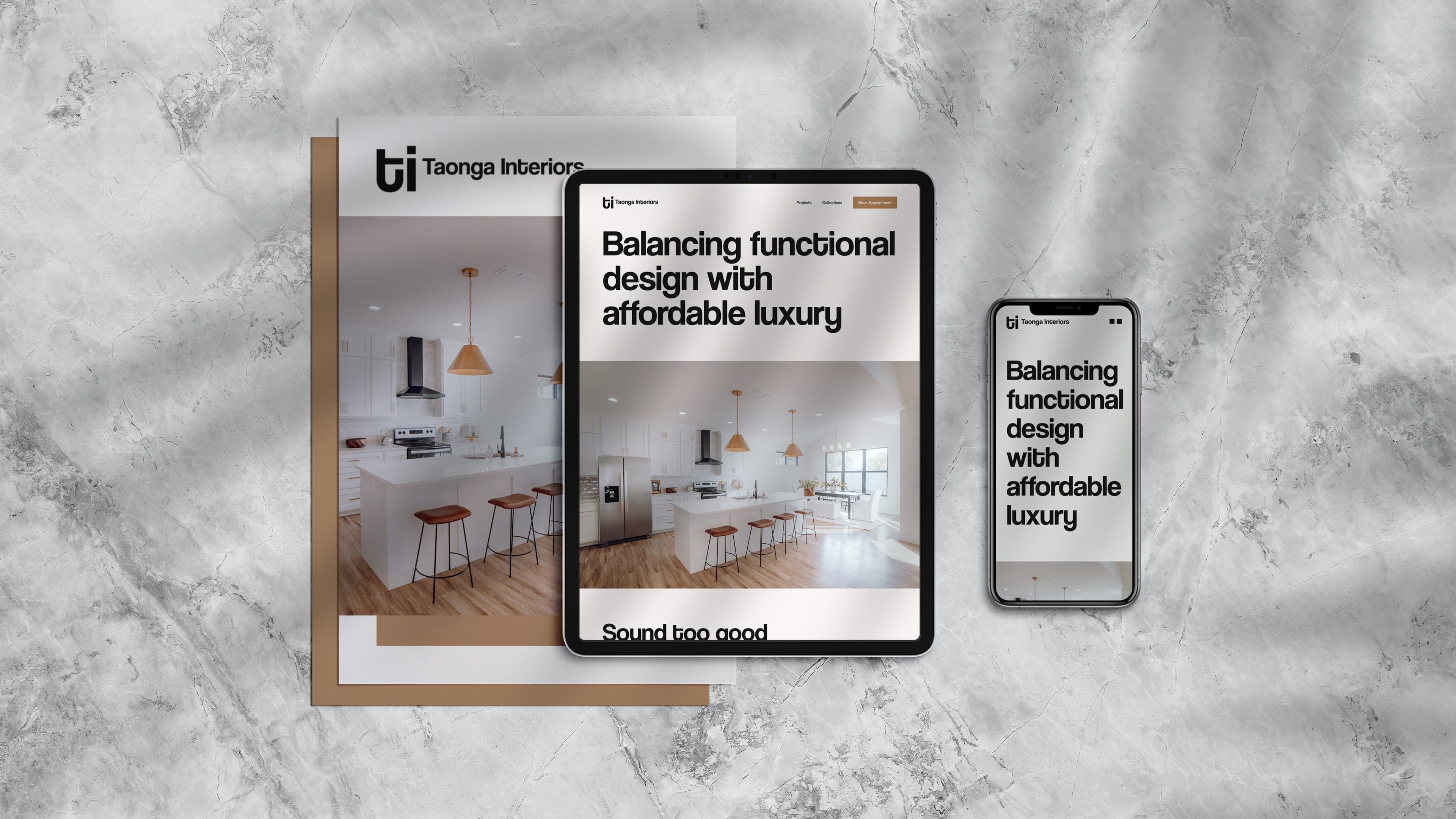 Taonga Interiors project mockup: branding leaflet and home page banner view on tablet and iphone