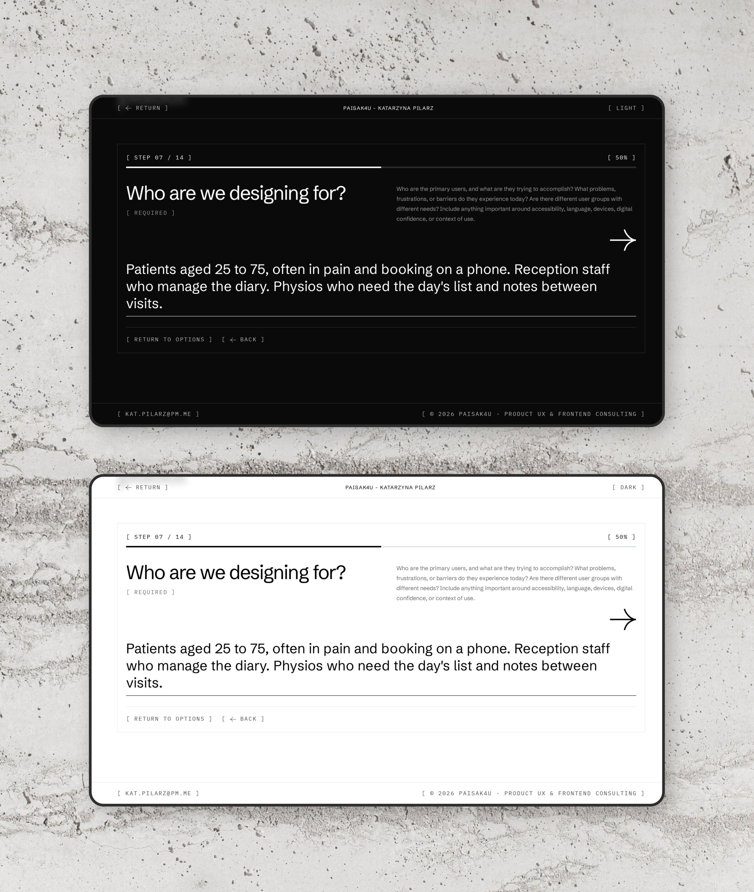 Step 7 of 14 of the project brief, “Who are we designing for?”, on two screens against a concrete wall, dark above and light below: the hint beside the question and the answer typed in below it