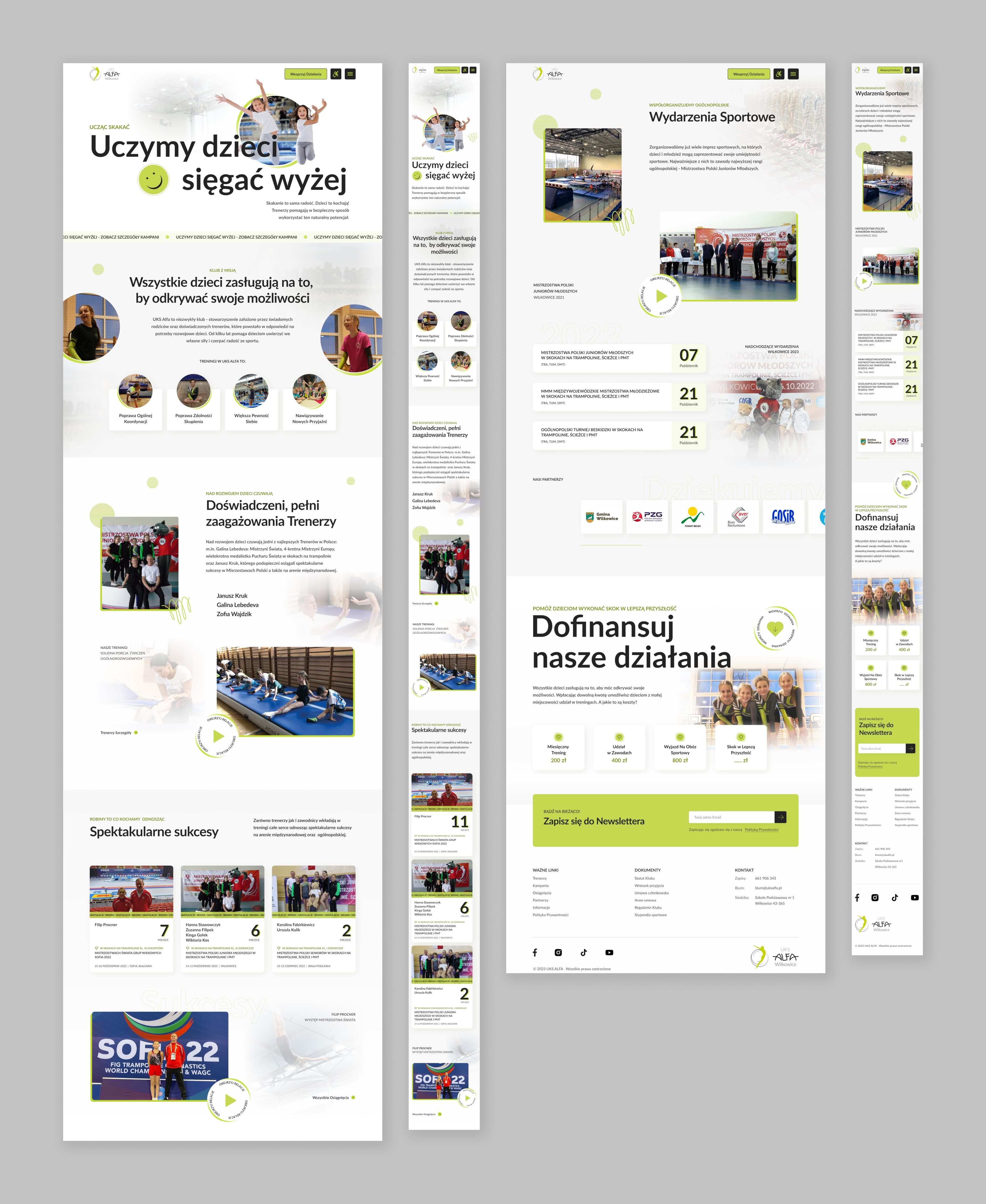 Responsive landing page design covering such sections as: club mission, experienced coaches, spectacular results, important events organised by the club, sponsors and support / donation  section