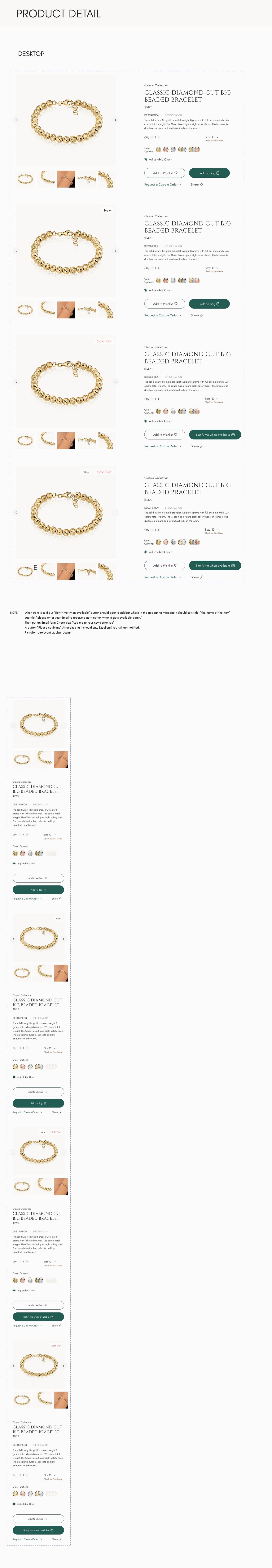 The Beaders product page in its stock states, in stock, new, sold out, and new and sold out, on desktop and mobile