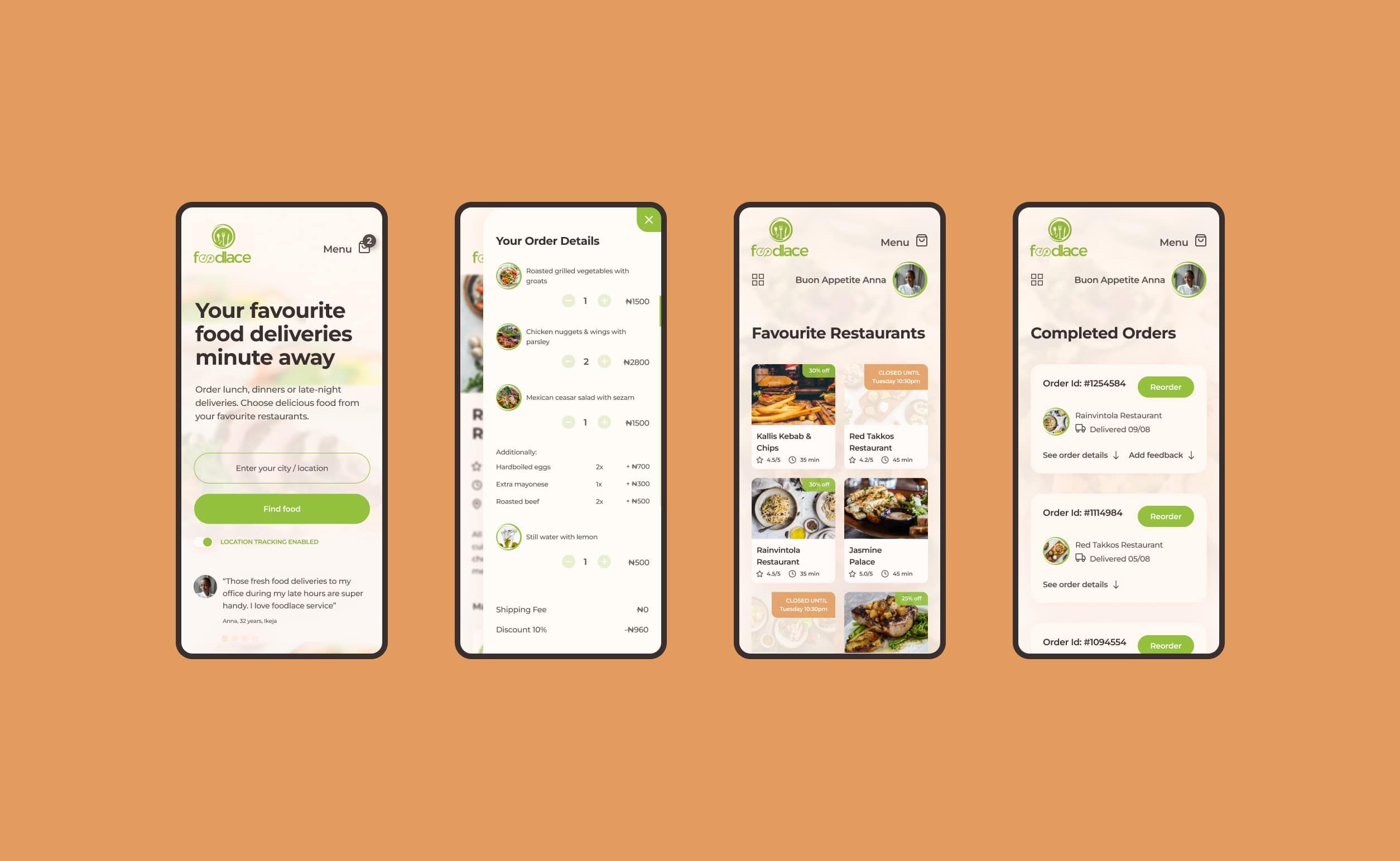 Foodlace webapp screens: home page banner, order special instructions, favourite restaurants, completed orders