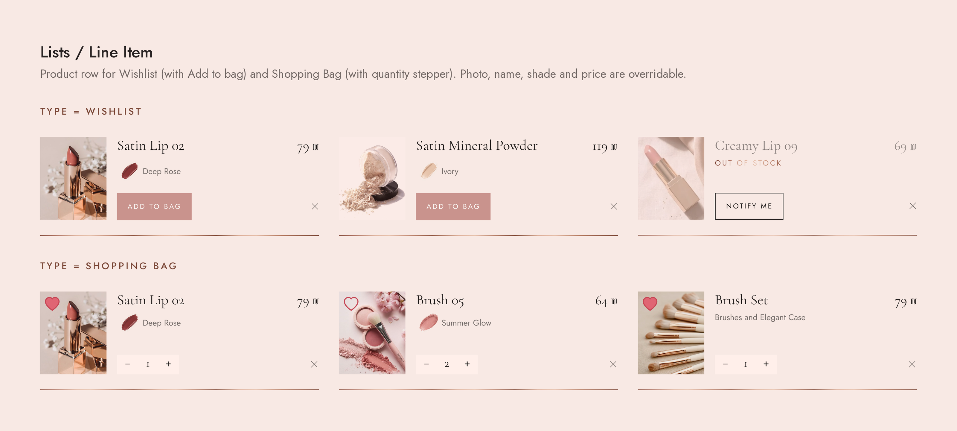 The Line Item component in Figma with its description. Three wishlist rows, two with Add to bag and a sold-out Creamy Lip 09 with Notify me, and three shopping bag rows with a quantity stepper and a filled or empty heart on the photo