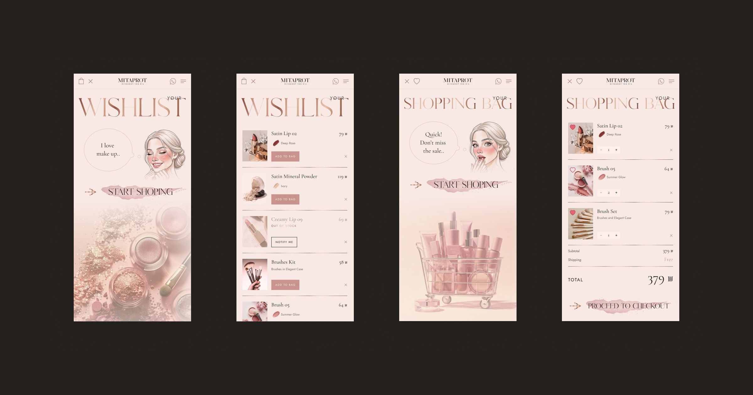 The wishlist and the shopping bag, empty and filled. In the filled wishlist each row has Add to bag, and the sold-out Creamy Lip 09 has Notify me. In the filled bag each row has a quantity stepper and a heart on the photo, followed by the subtotal, free shipping, the total and Proceed to checkout