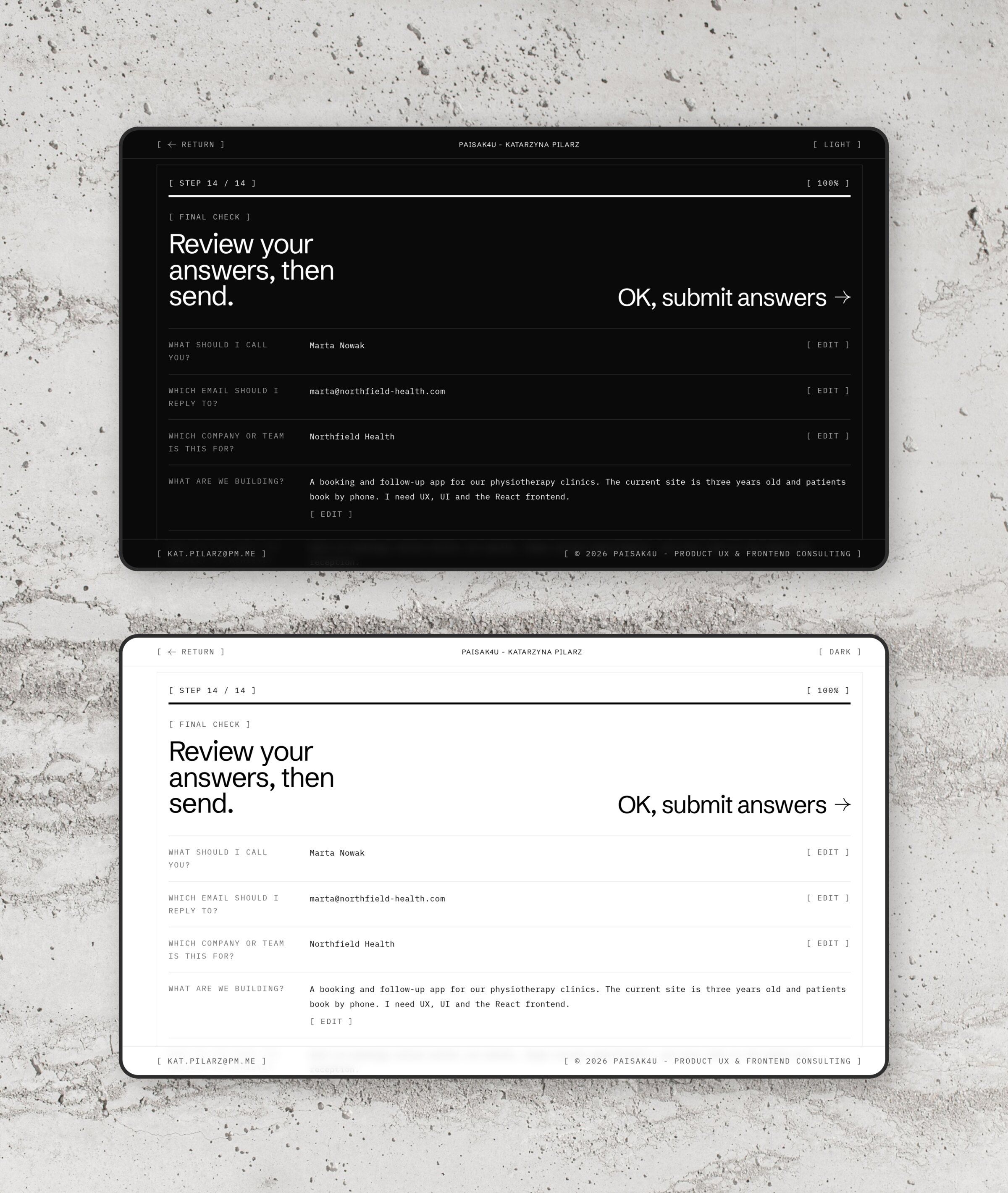 The last step of the project brief, “Review your answers, then send”, on two screens against a concrete wall, dark above and light below: step 14 of 14, the answers so far with an Edit link beside each, and “OK, submit answers”