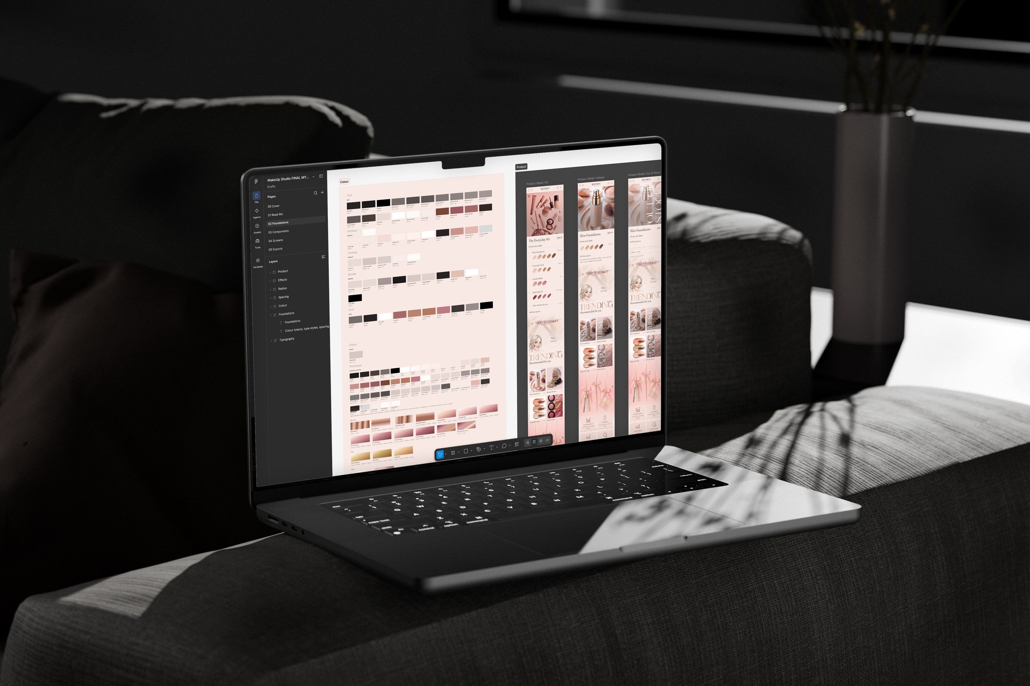 A design system open in Figma on a laptop: colour tokens and metallic gradients for a make-up studio, beside three of its product page screens