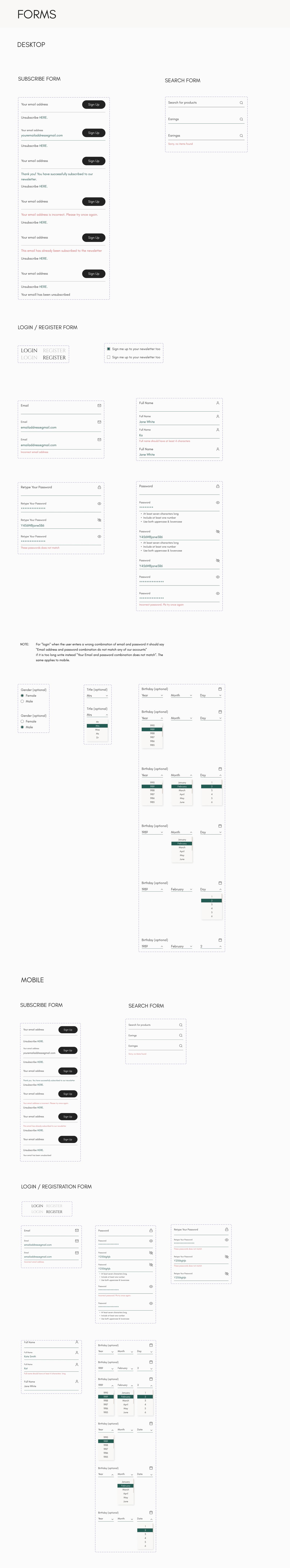 The Beaders design system: subscribe, search, login and registration forms with their success and error states, on desktop and mobile