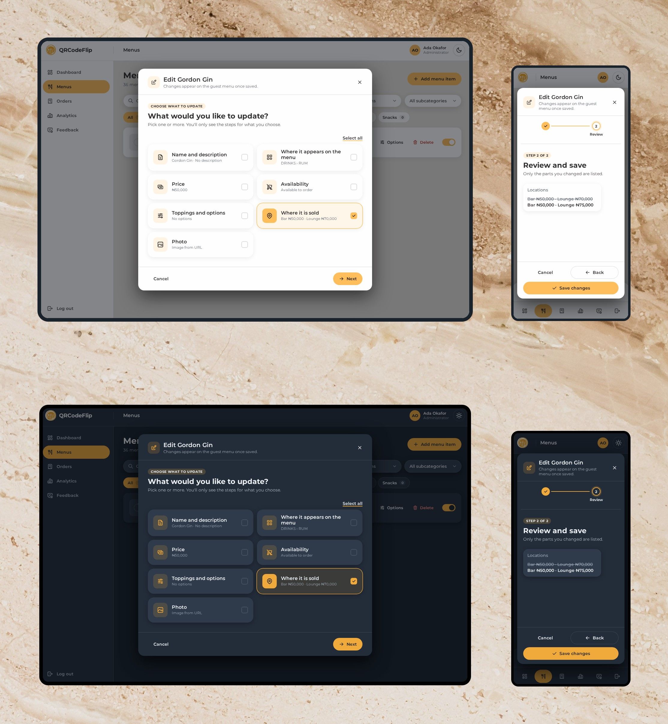 Editing a dish in the admin at 1440 and 390px, in light and dark: “What would you like to update?” with Where it is sold chosen, then a review on a phone listing only that change, the lounge price going from ₦70,000 to ₦75,000 with the old prices struck through
