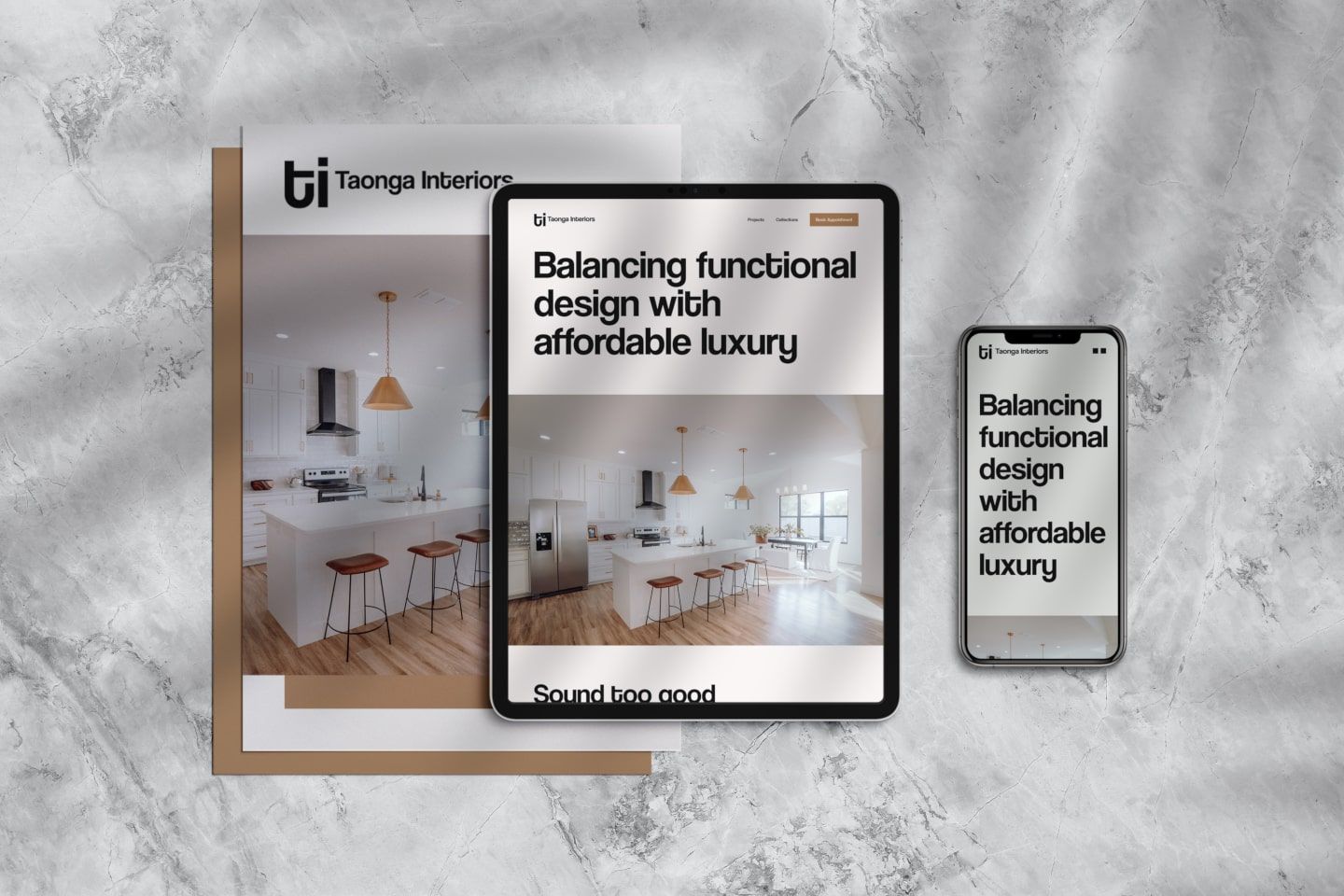 Taonga Interiors project mockup: branding leaflet and home page banner view on tablet and iphone