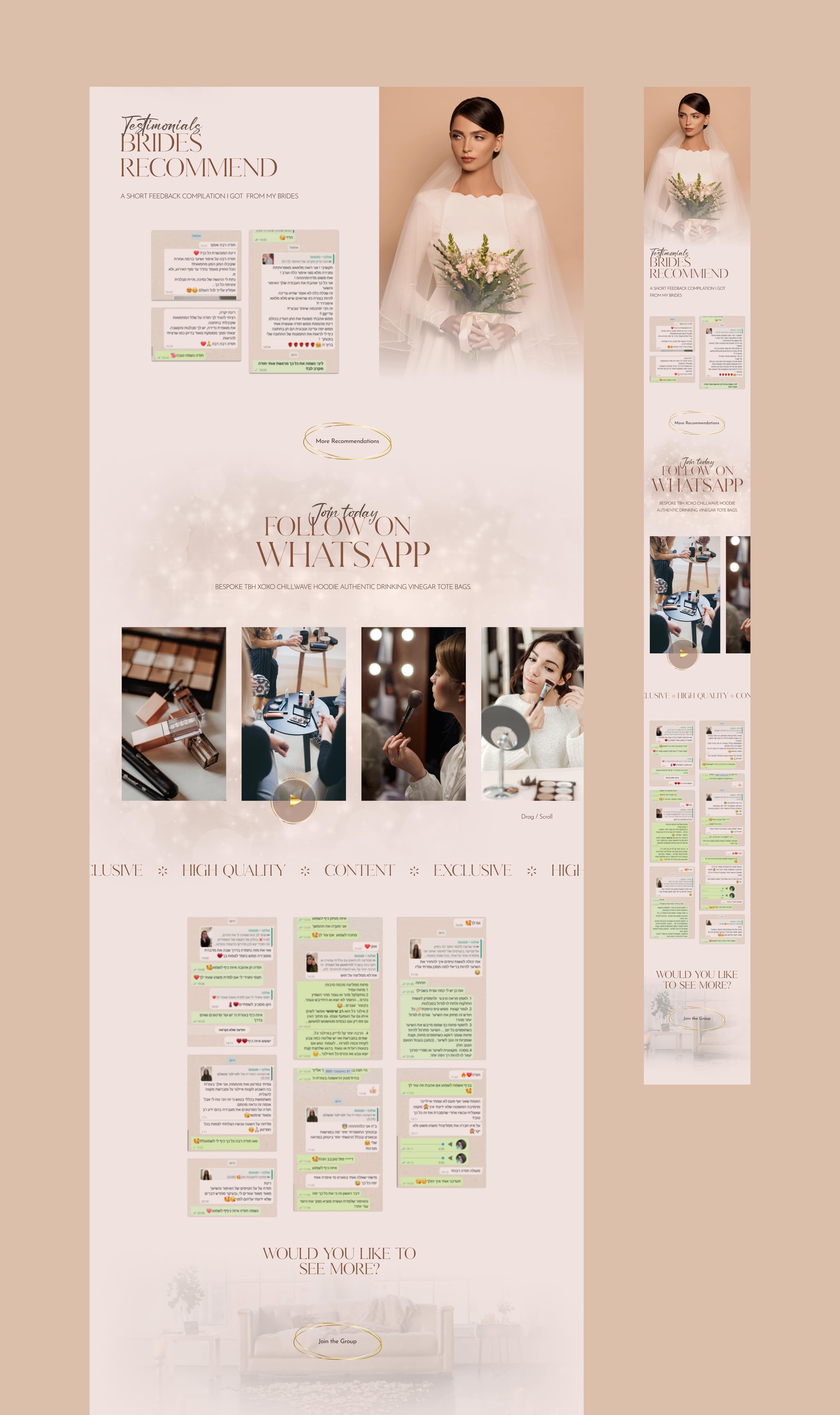 Wedding Makeup & Hair Artist responsive landing page view for sections: testimonials & join whatsapp group