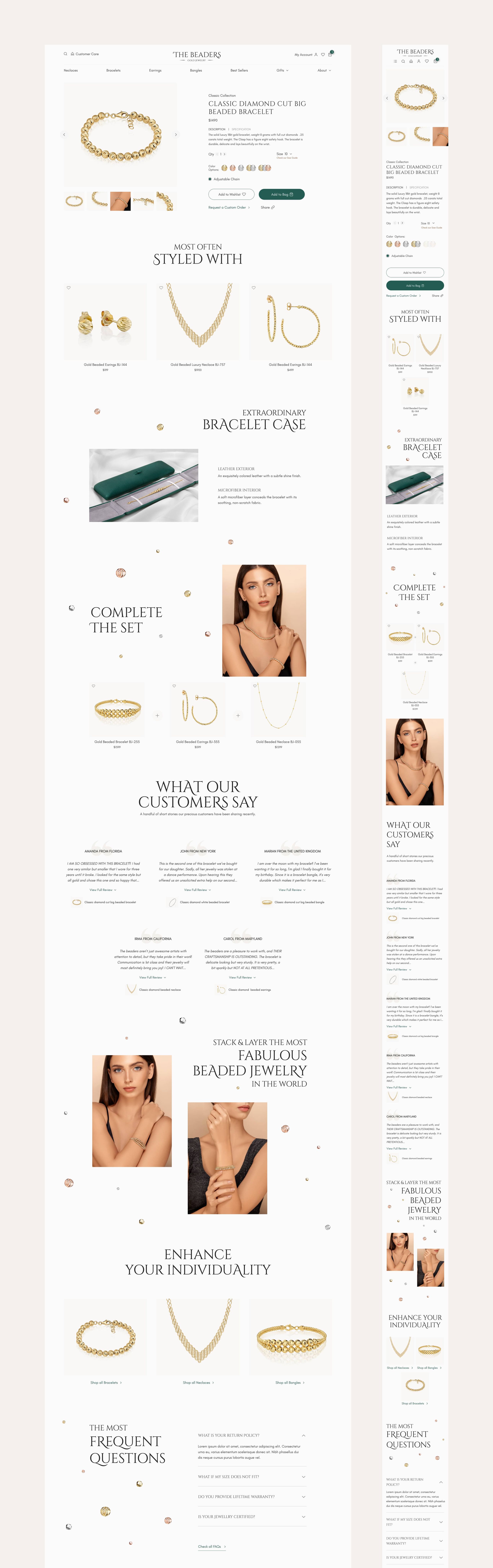 The Beaders product single page: product banner with product stock information and product description..etc, product related product categories, section devoted to luxury product box and related to product customers' testimonials, related product categorization, frequent purchase & shipping questions