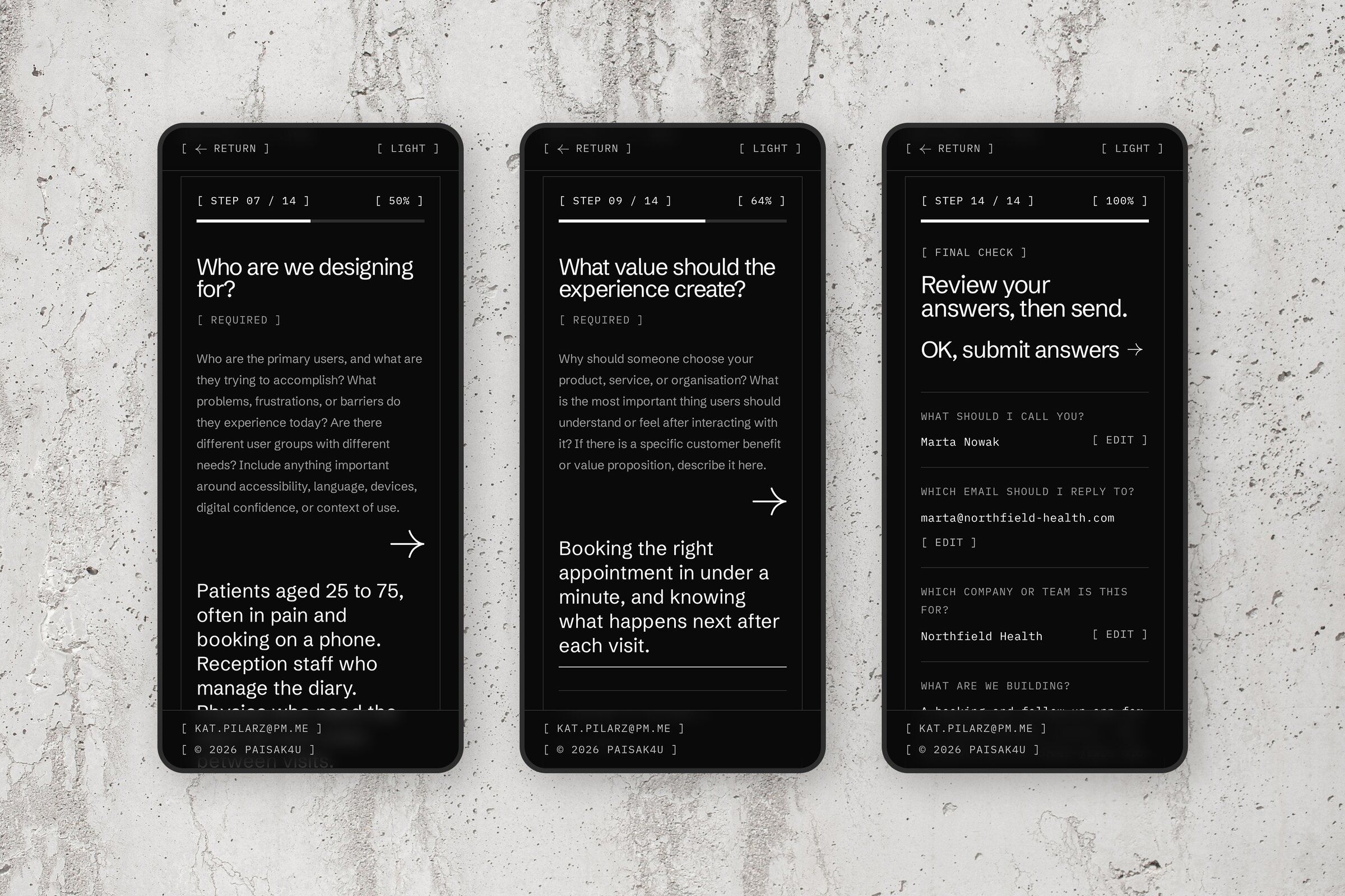 Three phones in the dark theme against a concrete wall, each on a step of the project brief: 7 of 14, “Who are we designing for?”, 9 of 14, “What value should the experience create?”, and the last step, “Review your answers, then send”