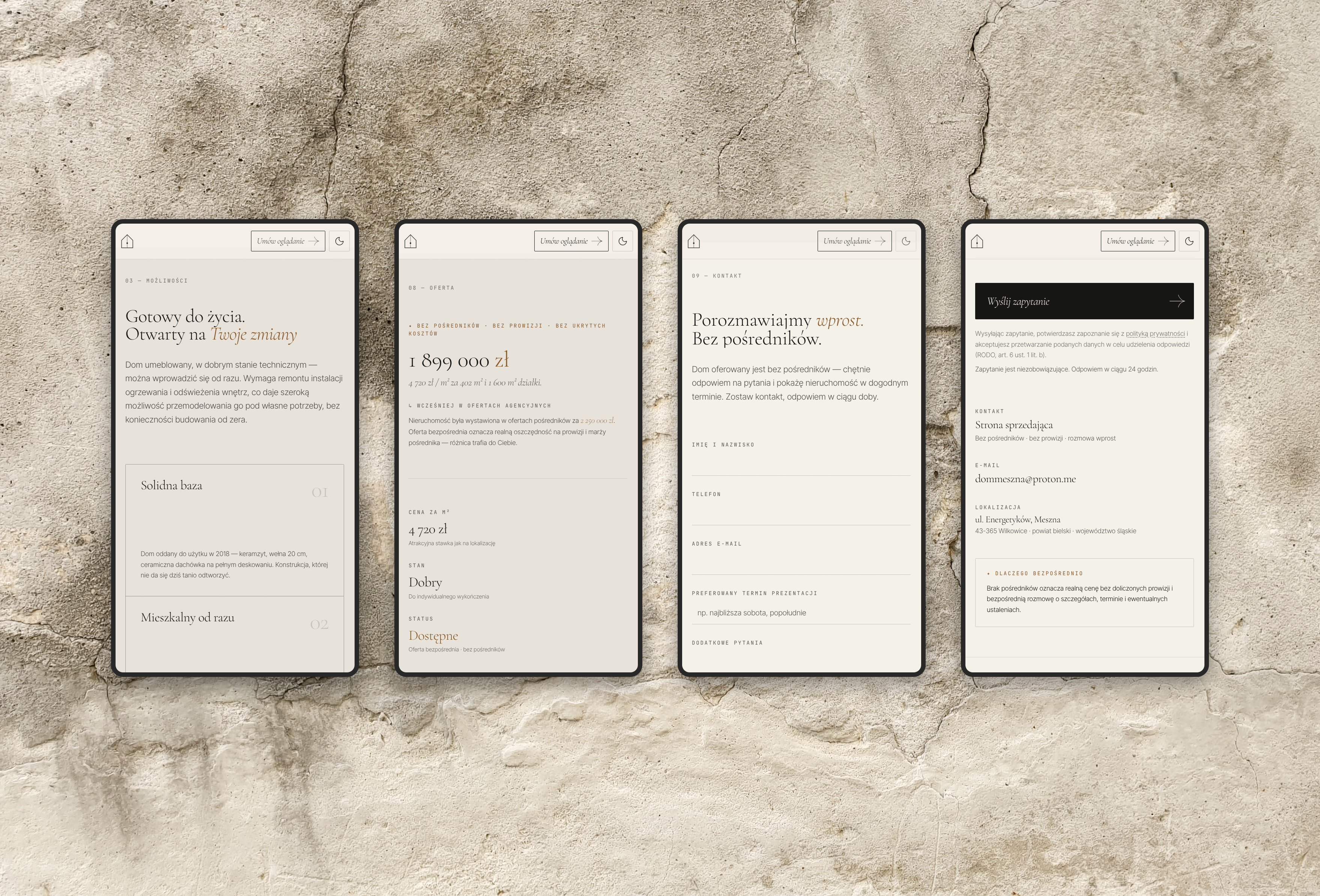 Mobile screens — the house’s condition, the offer, the viewing request form and the owner’s contact details
