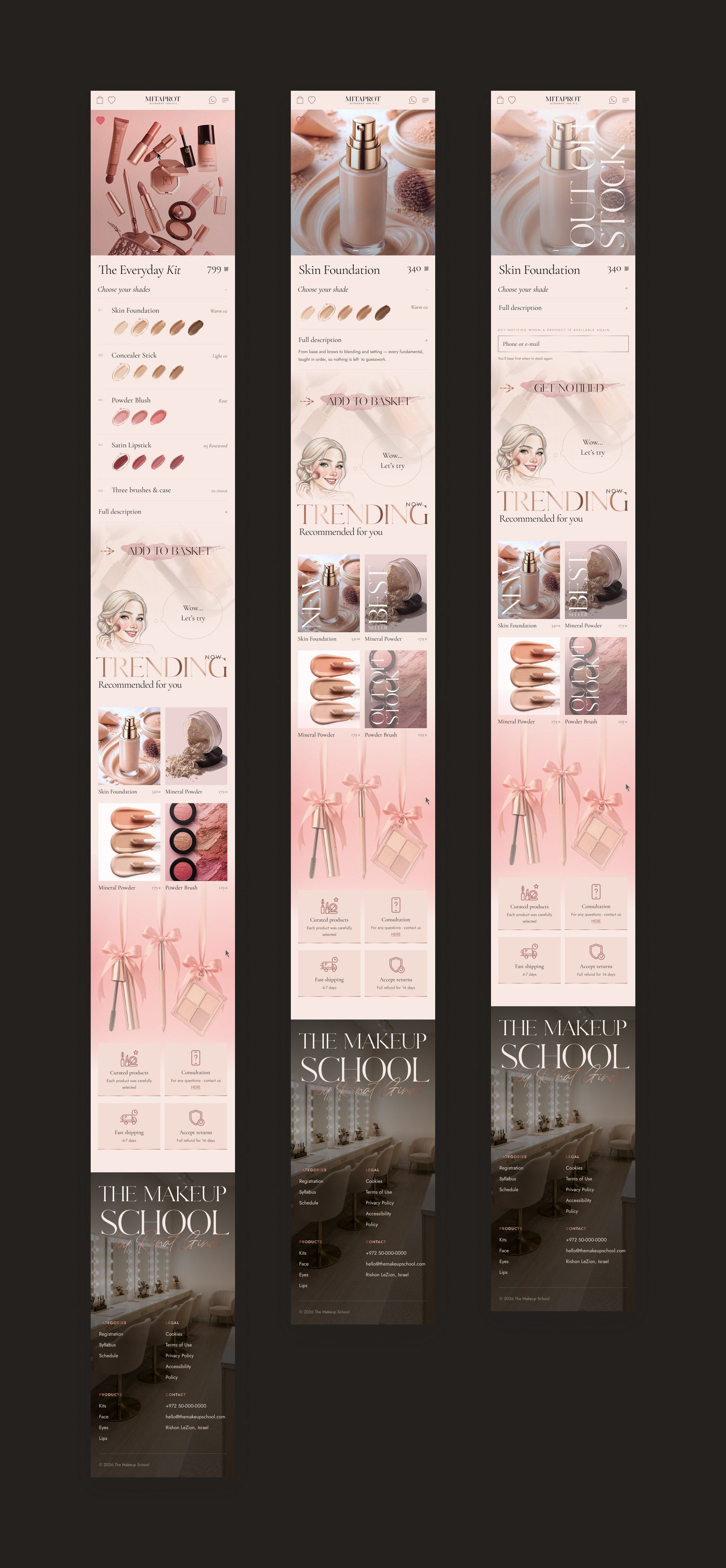 Three product pages in full. The Everyday Kit with a row of shades for each product in the kit, Skin Foundation with its shade choice, and Skin Foundation sold out, with Out of stock over the photo and a field for a phone number or email under Get notified. Each page goes on to Trending, the four service tiles and the footer