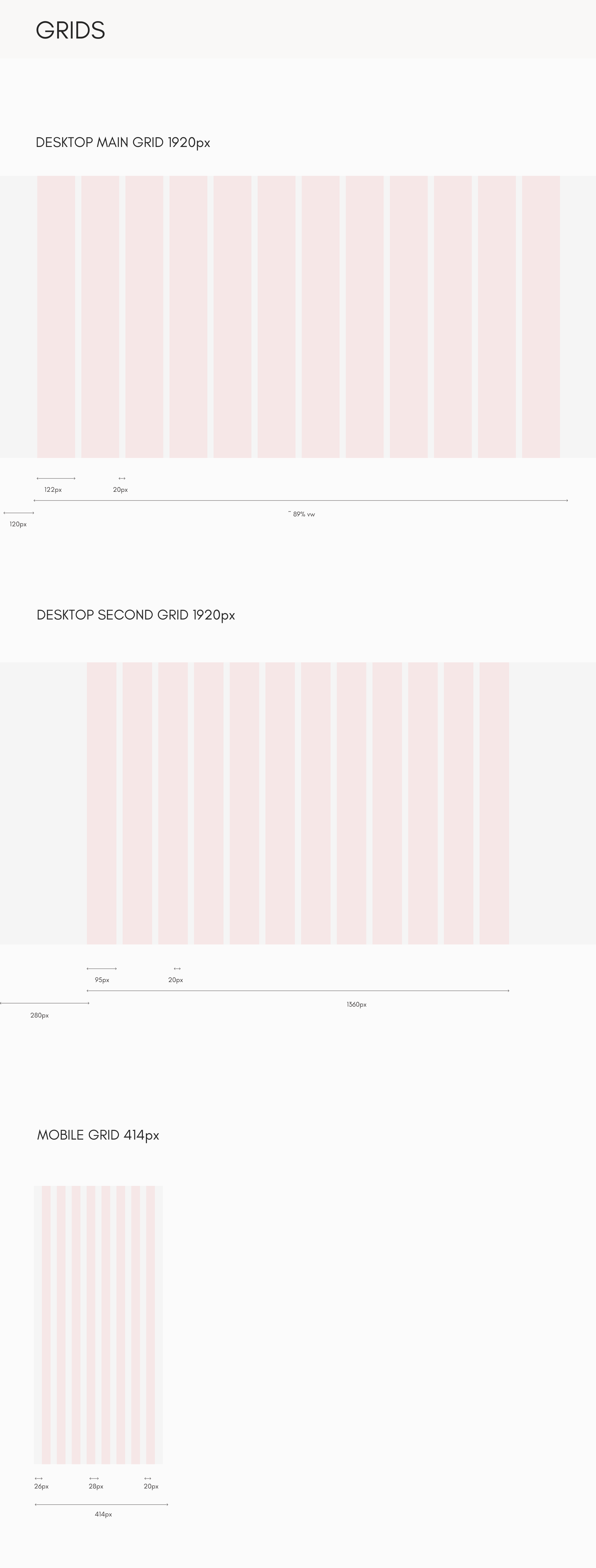 The Beaders layout grids: two 12-column desktop grids at 1920px and an 8-column mobile grid at 414px