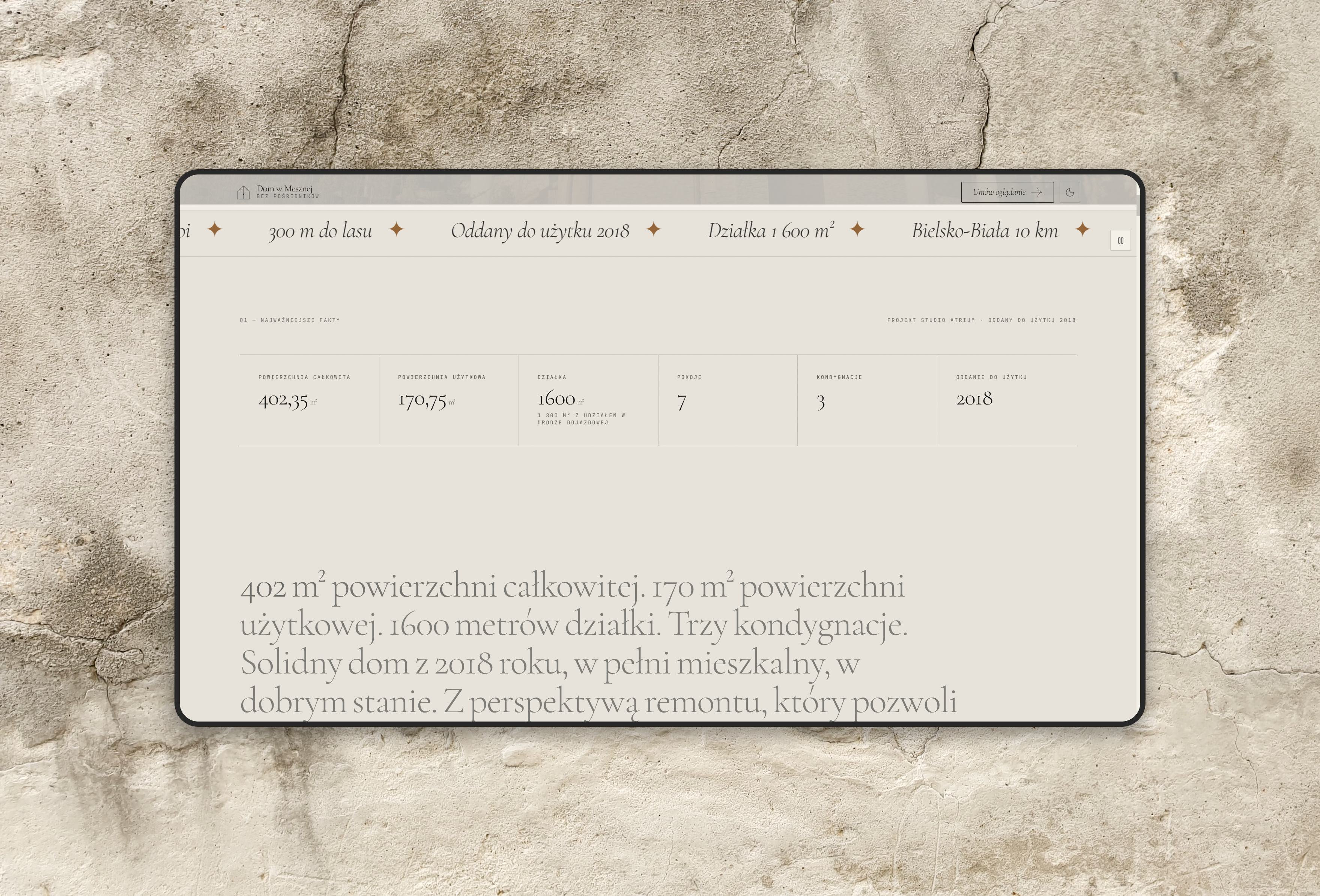 Key facts in the light theme — six data cells beneath the running marquee of highlights