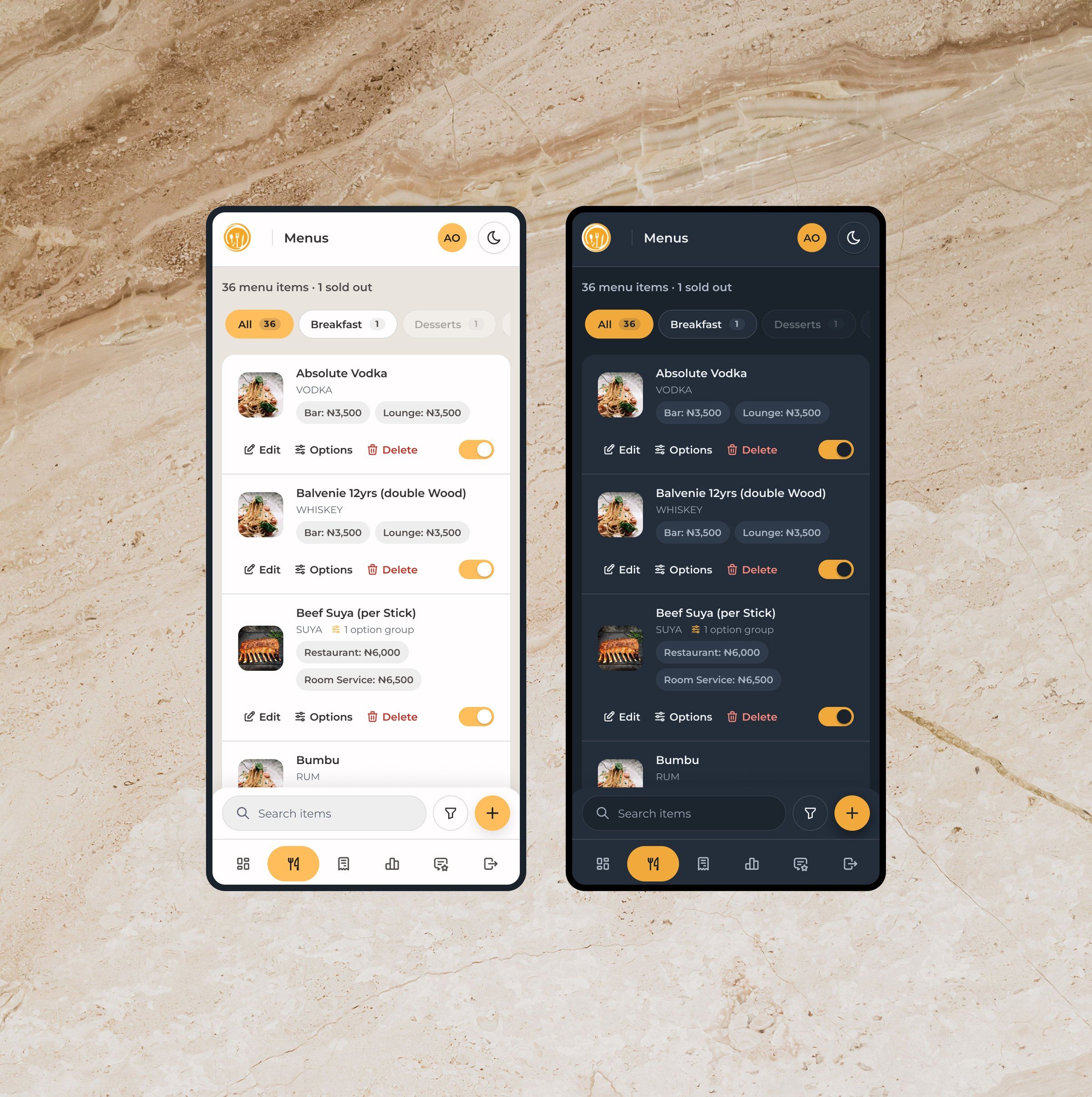 Admin menus on two phones, light and dark: dishes with their outlet prices, edit and options actions, and a sold-out switch on every row