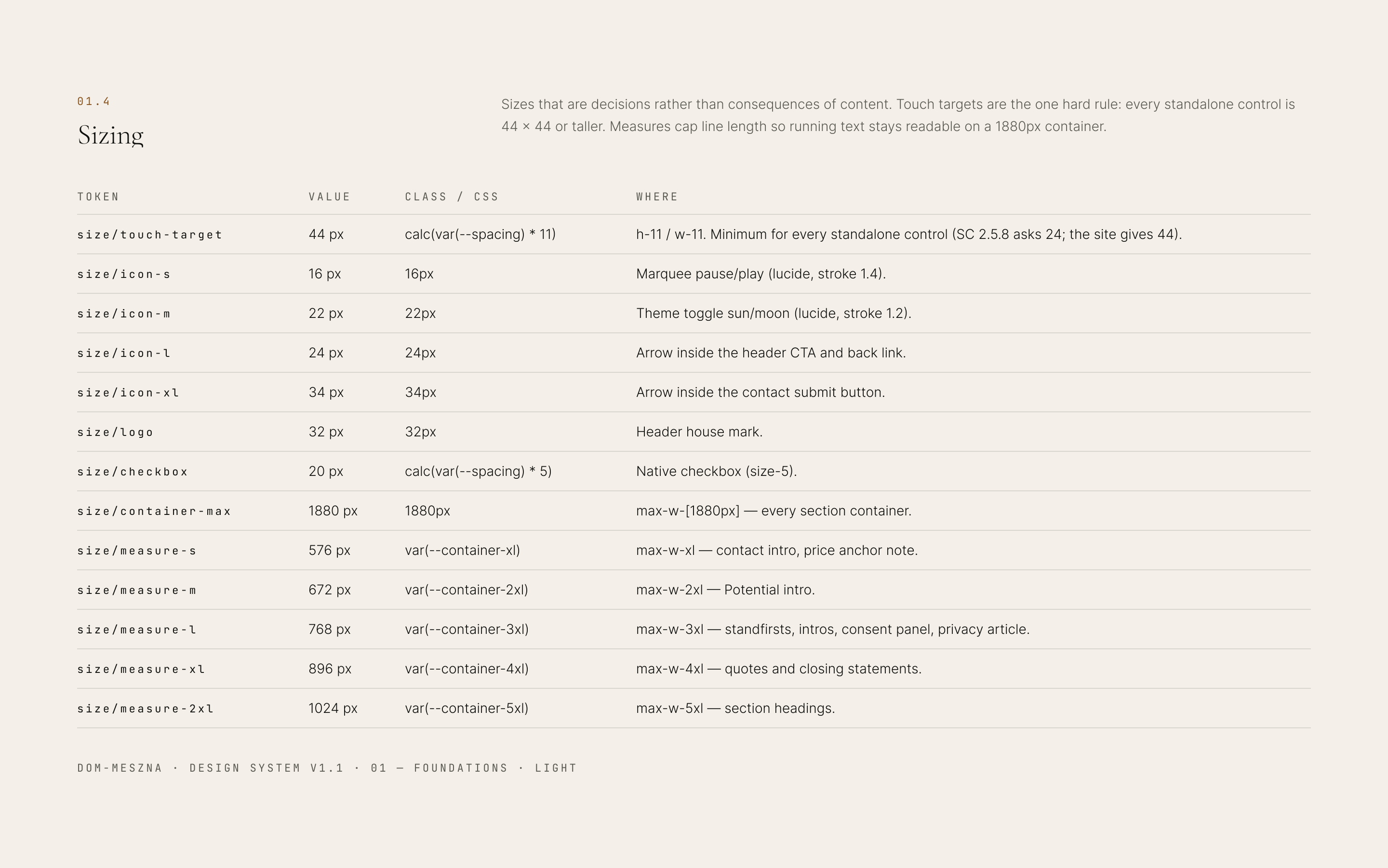 Dom-Meszna sizing tokens: touch targets, icons, the page container and text measures