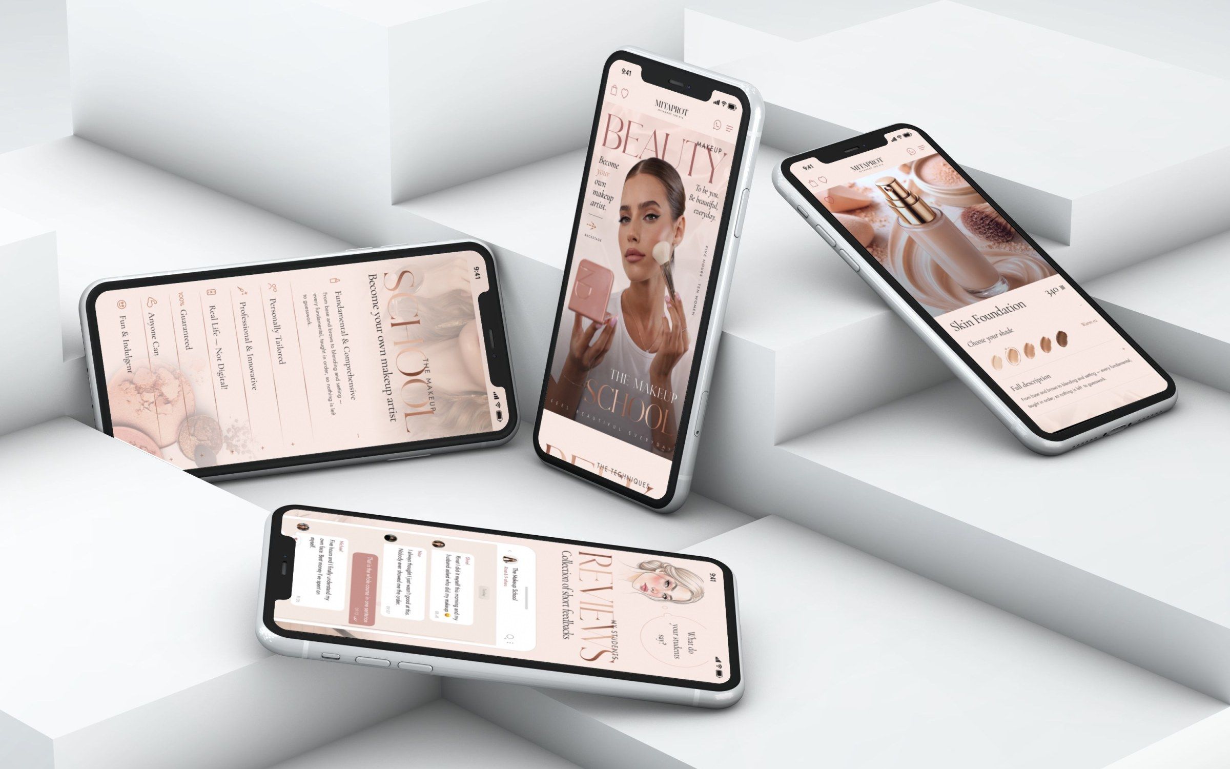 Four phones on white blocks, each showing a different part of the site: the home page hero, the Skin Foundation product page with its shades, the seven reasons to choose the school, and the reviews with WhatsApp feedback from graduates