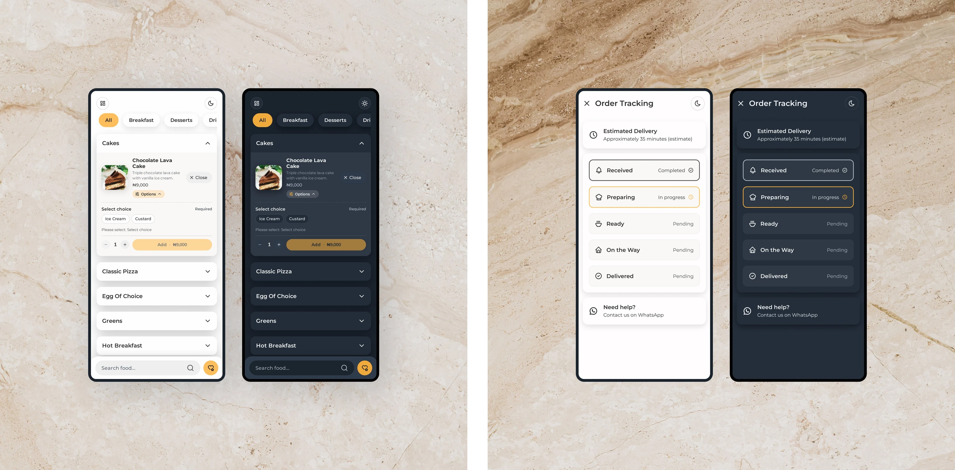 Four phones, light and dark: on the left, a dish’s required choice open in its row, with Add disabled until a choice is made; on the right, order tracking with an estimated delivery time, five stages from Received to Delivered and a WhatsApp help card