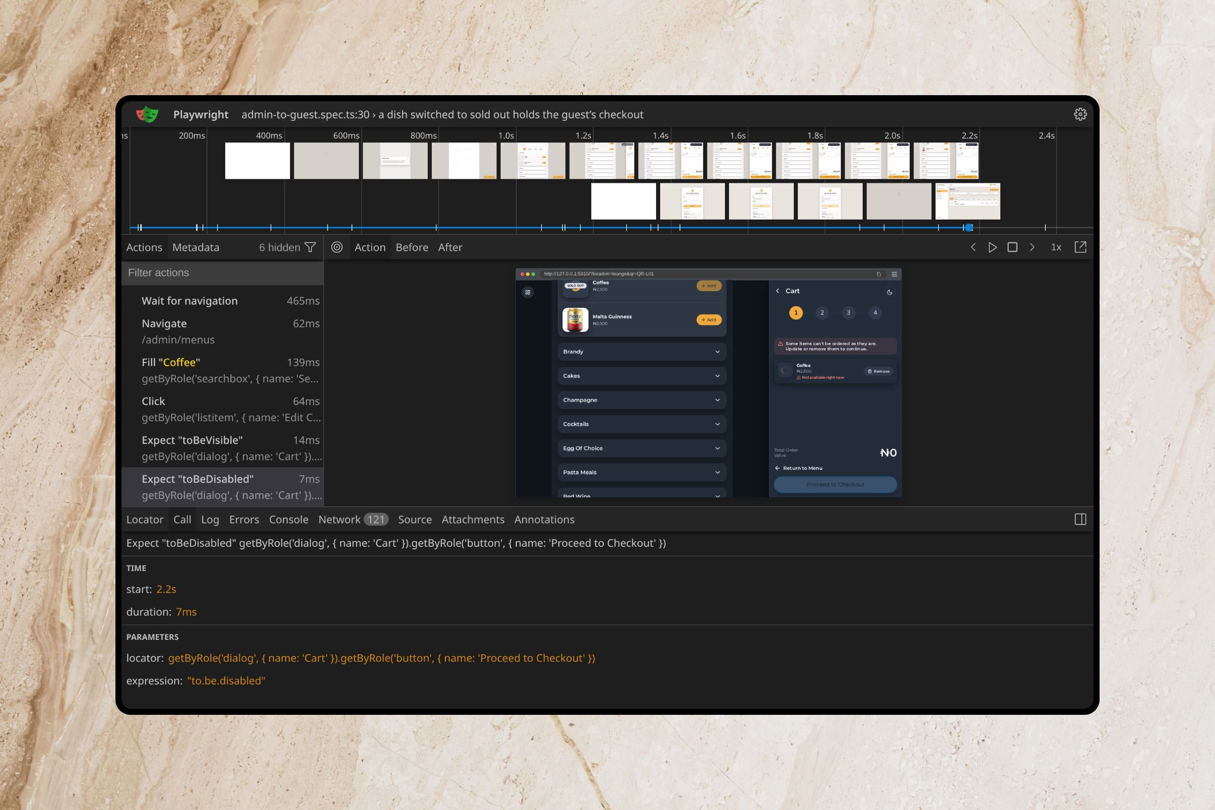 Playwright’s trace viewer on a screen against beige marble, on the test “a dish switched to sold out holds the guest’s checkout”: its last check, that Proceed to Checkout is disabled, selected over a snapshot of the guest basket flagging the dish as not available right now, with a timeline row for each tab, the guest’s and the admin’s