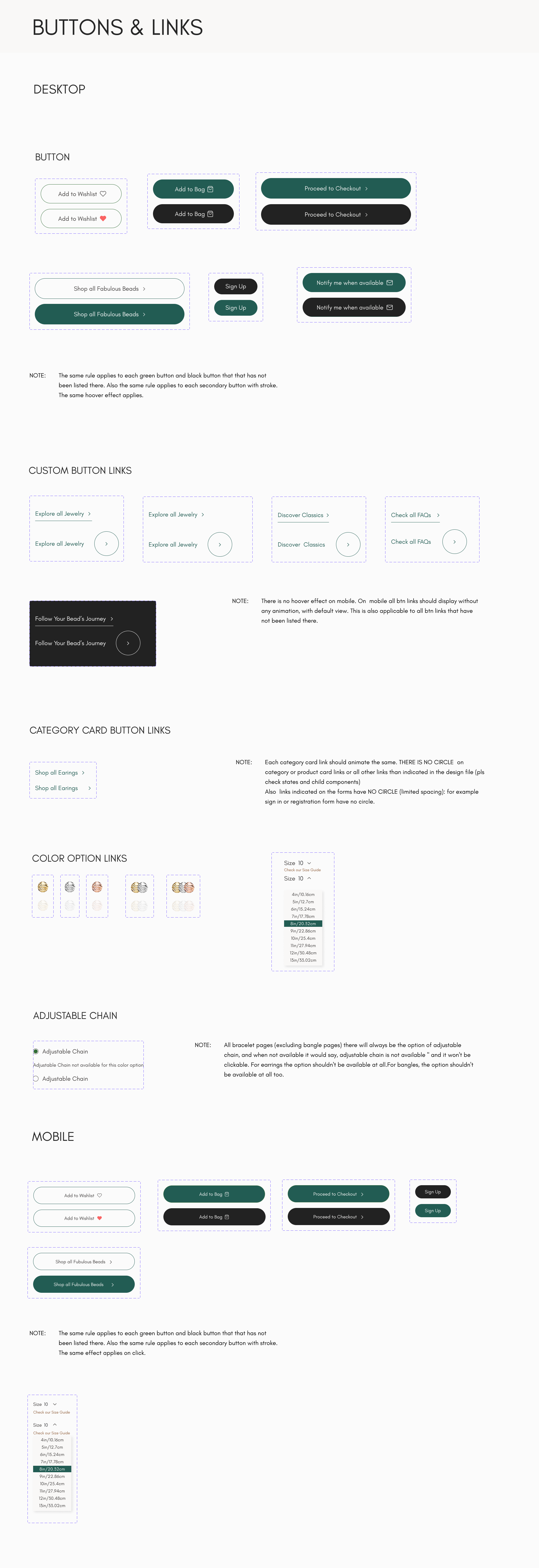 The Beaders design system: buttons, links, colour and size options and the adjustable chain option, on desktop and mobile