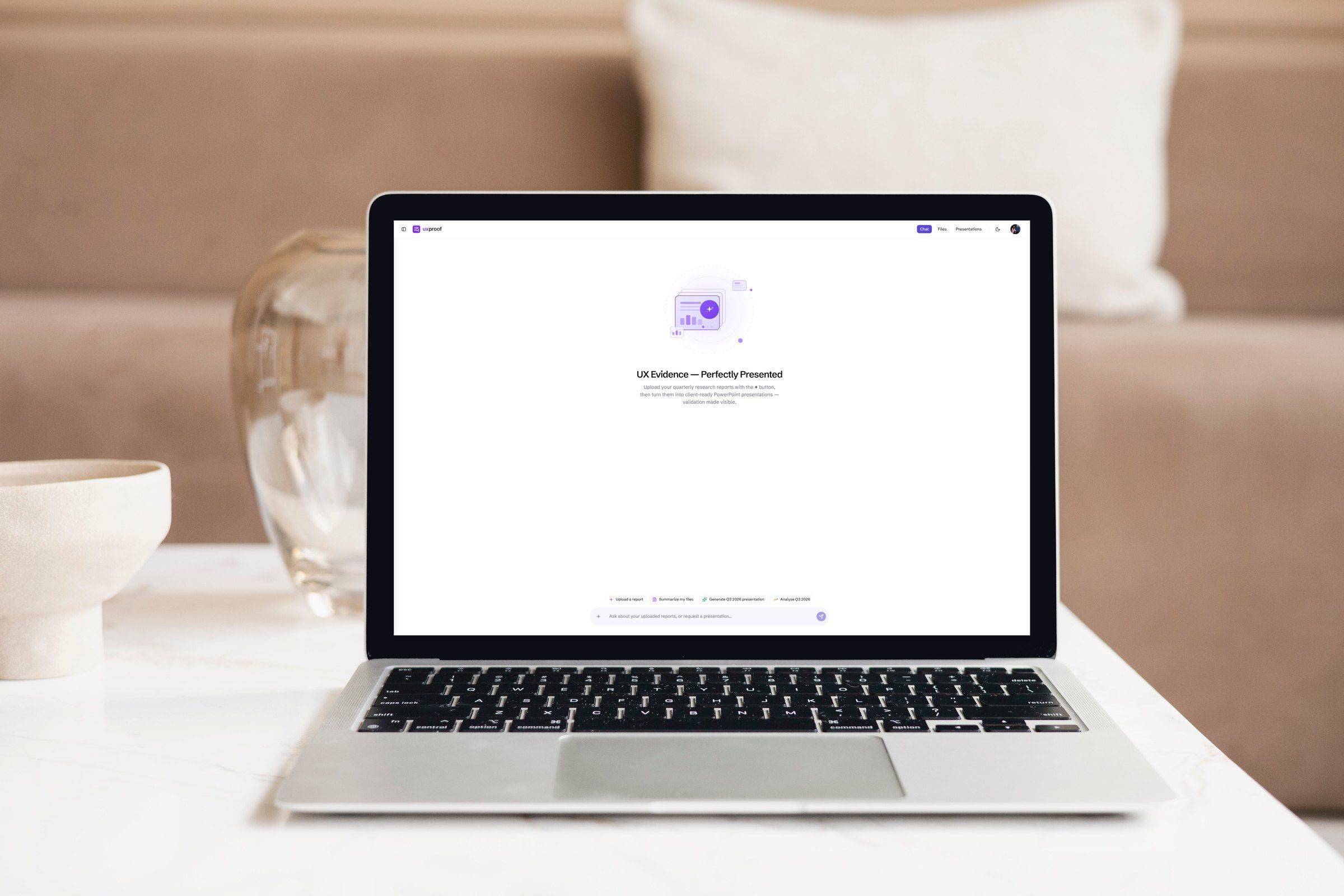 uxproof open on a laptop — the chat home a research question starts from