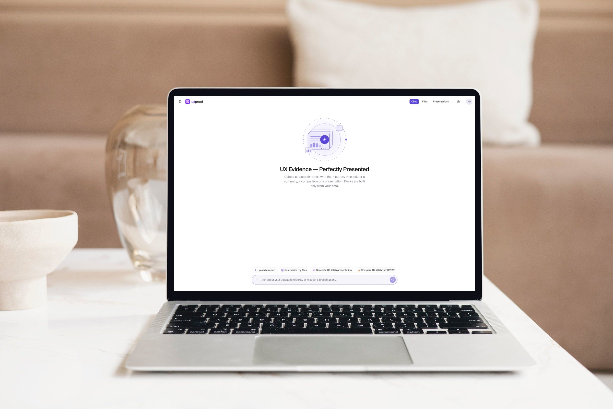 uxproof open on a laptop — the chat home a research question starts from