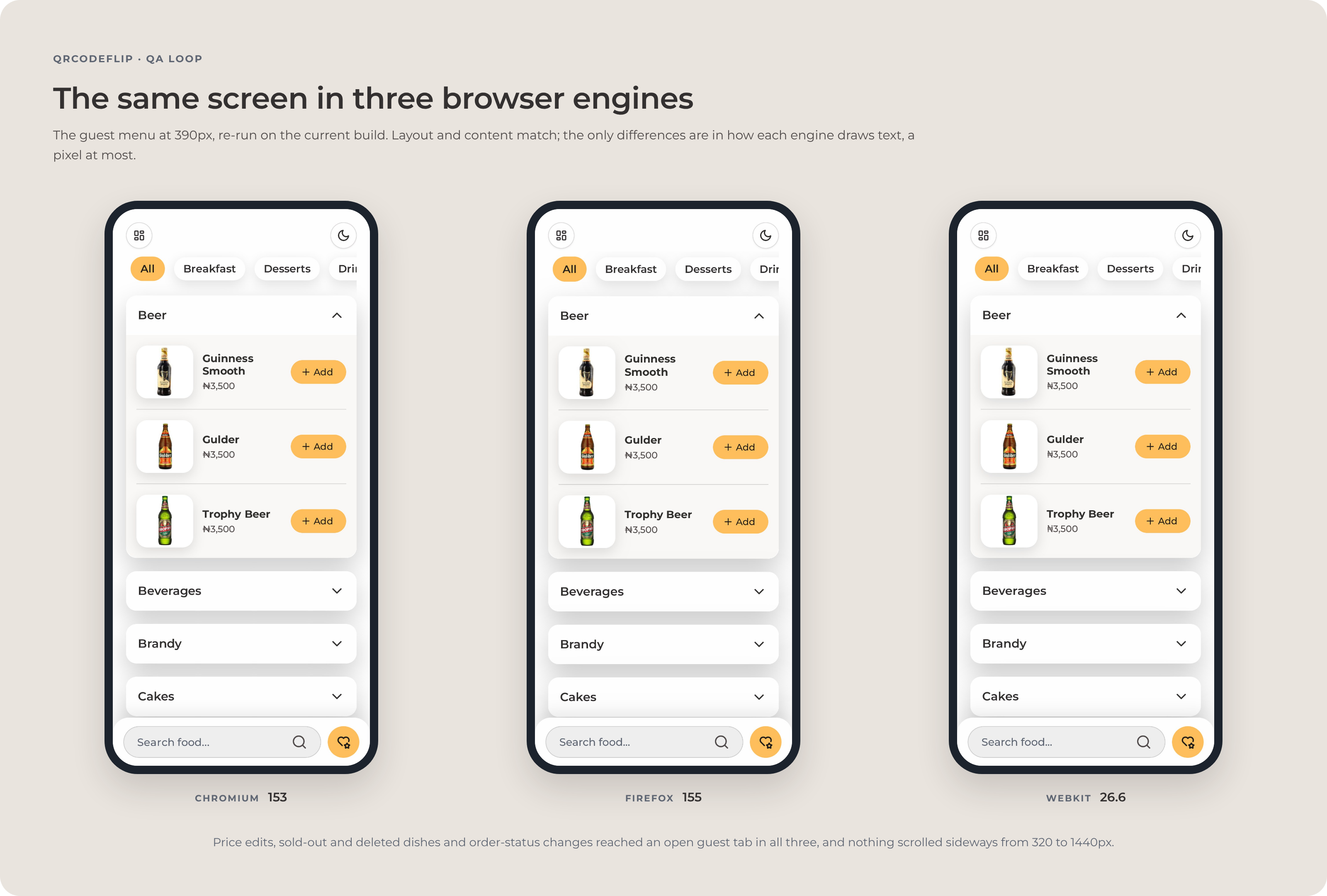 The guest menu at 390px in Chromium 153, Firefox 155 and WebKit 26.6, side by side: the same layout and content in all three