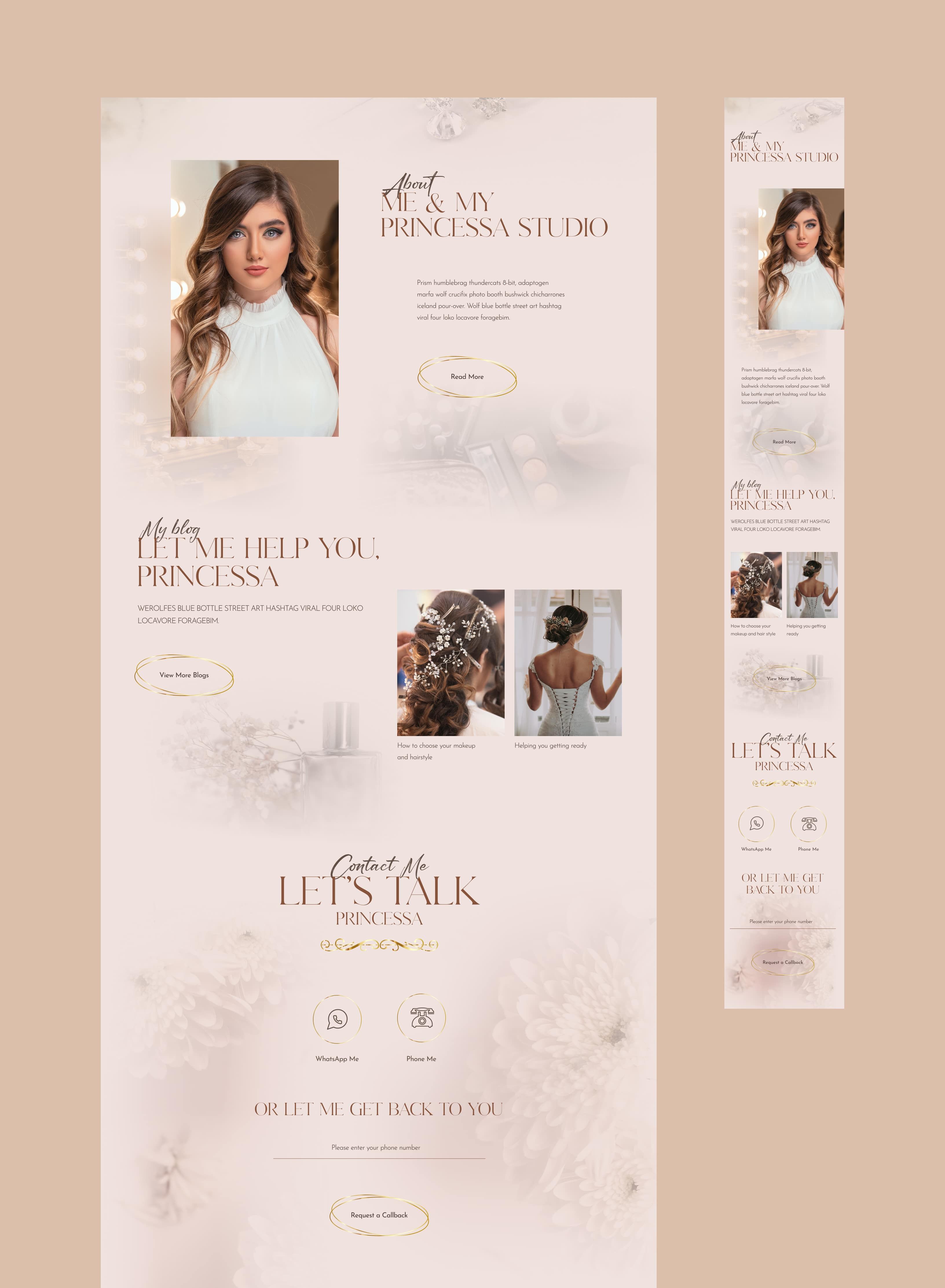 Wedding Makeup & Hair Artist responsive landing page view for sections: about, blog & contact