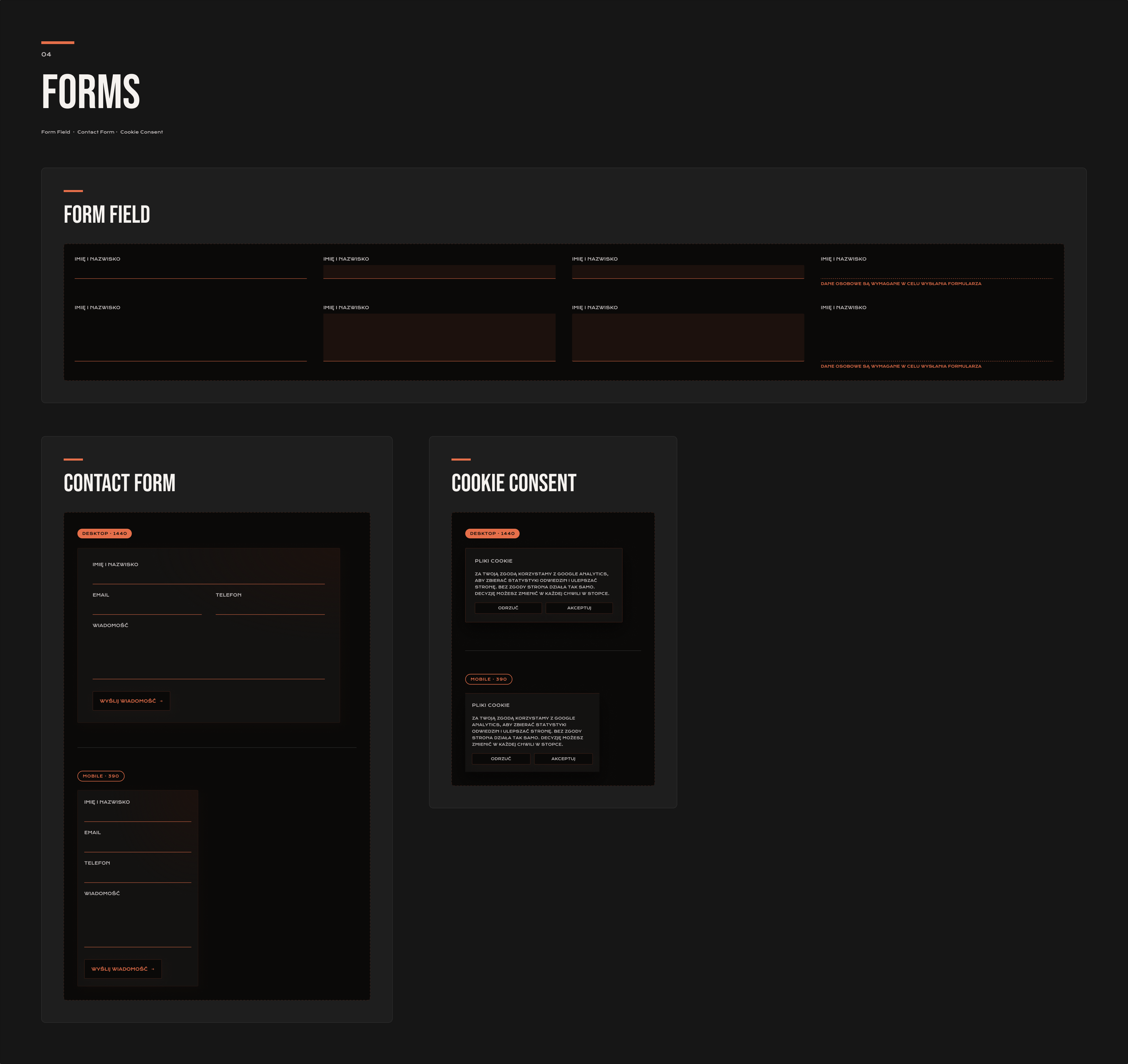 Design system sheet: the form field in each state, the contact form and the cookie banner at desktop and mobile size