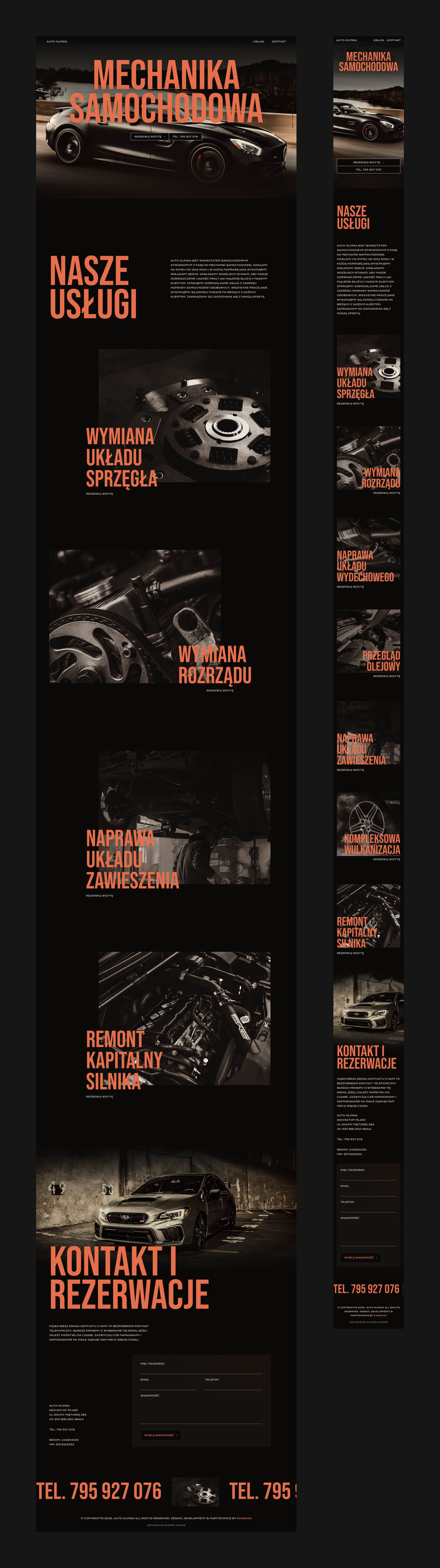 The Auto-Klinika home page designed for desktop and mobile, from the hero down to the contact form