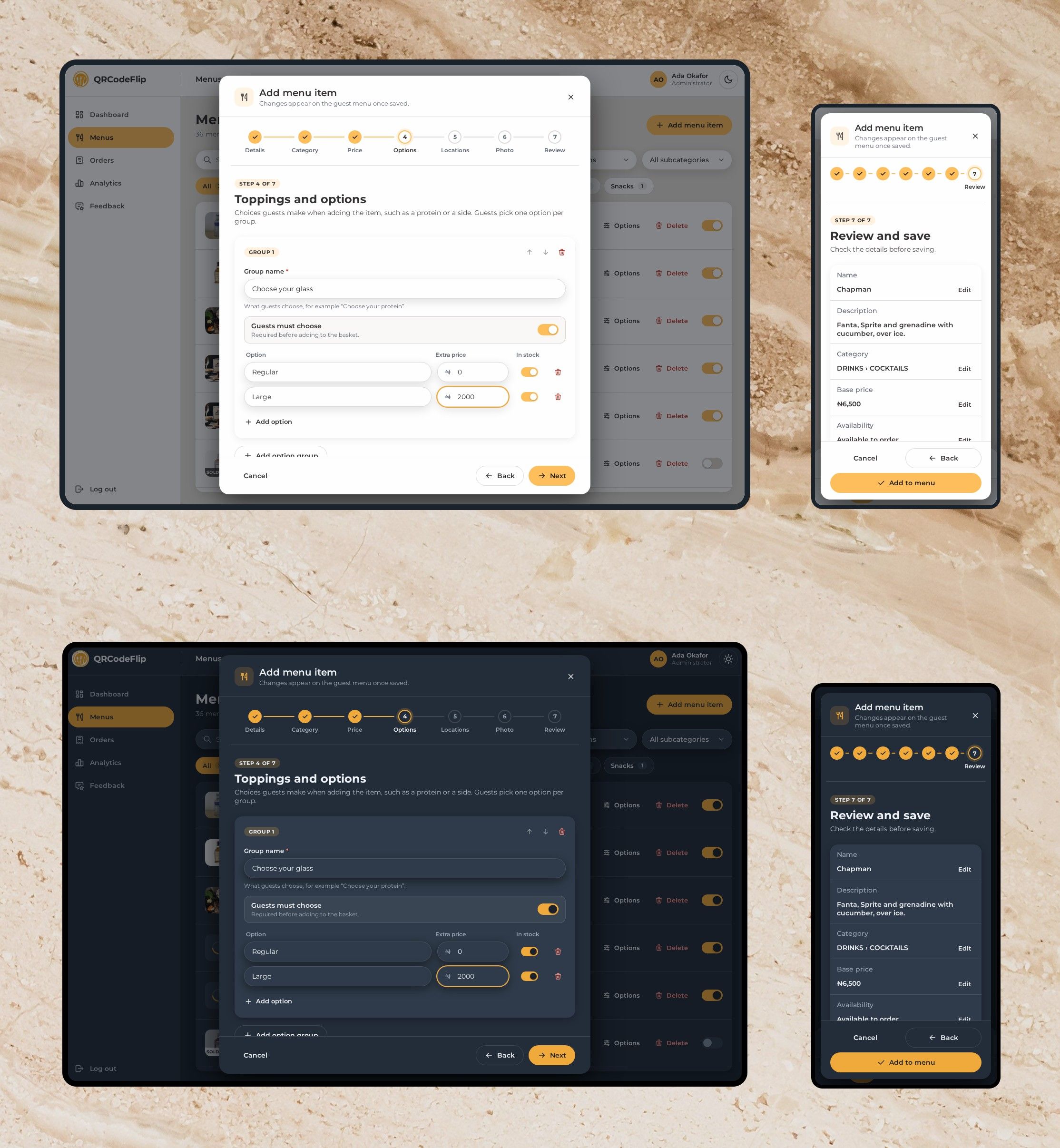 Adding a dish in the admin at 1440 and 390px, in light and dark: the options step with a required “Choose your glass” group and a Large option at +₦2,000, and the review on a phone listing everything before it’s added to the menu
