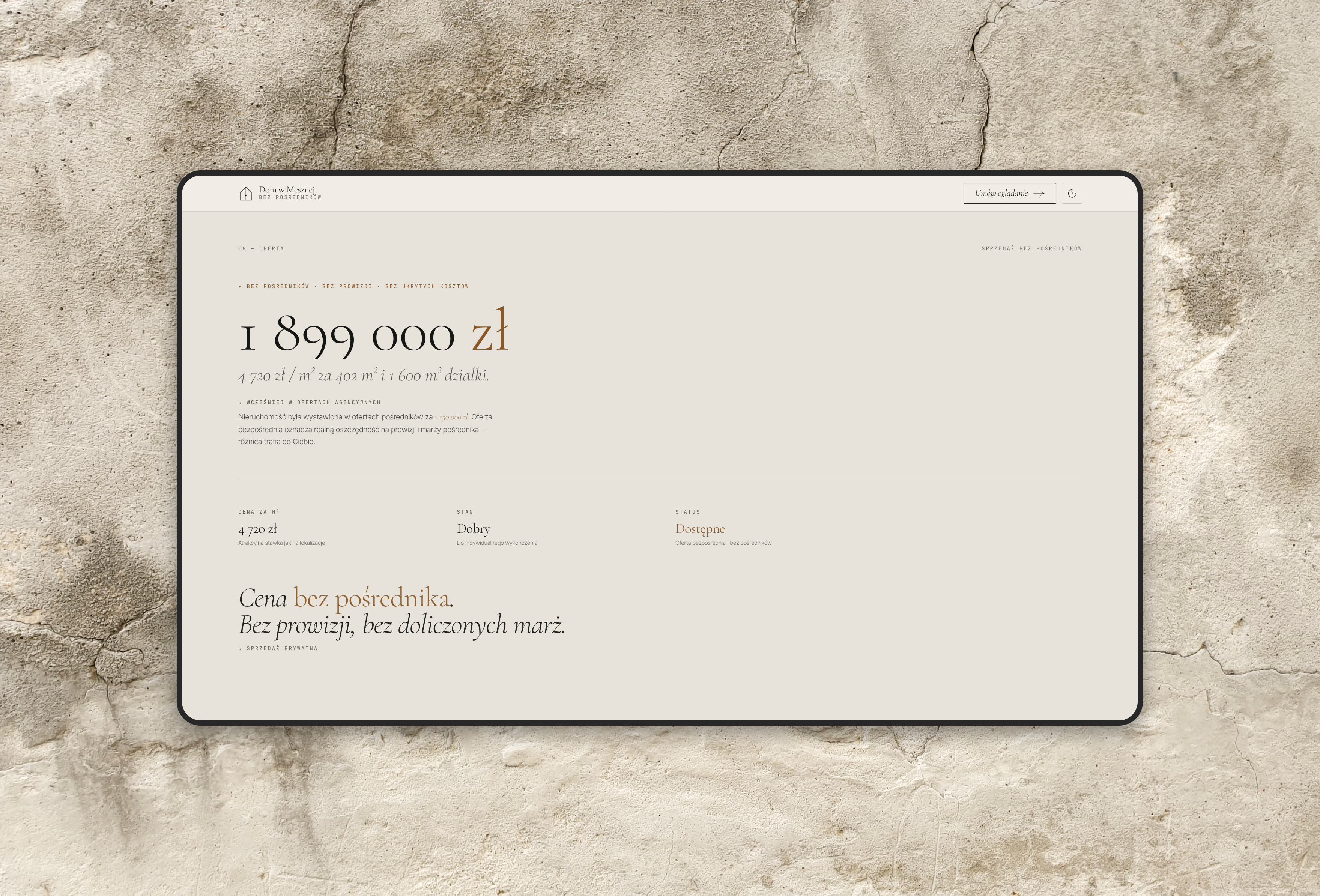 The offer — price, rate per square metre and status, light theme