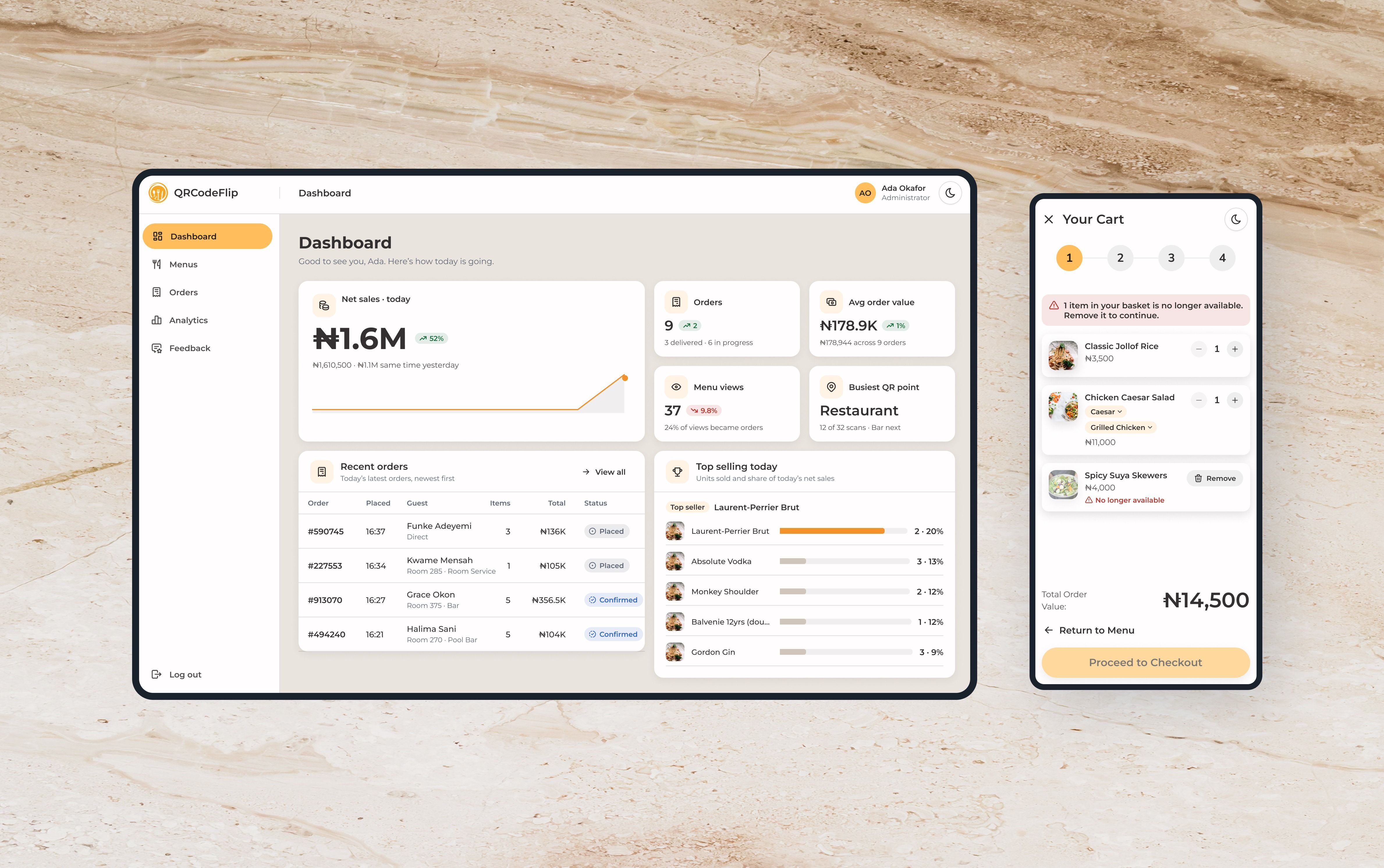 QRCodeFlip on a marble background: the staff dashboard, with today’s net sales, orders, average order value, menu views, the busiest QR point, recent orders and top sellers, beside a guest’s basket on a phone that flags one dish as no longer available