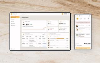 QRCodeFlip on a marble background: the staff dashboard, with today’s net sales, orders, average order value, menu views, the busiest QR point, recent orders and top sellers, beside a guest’s basket on a phone that flags one dish as no longer available