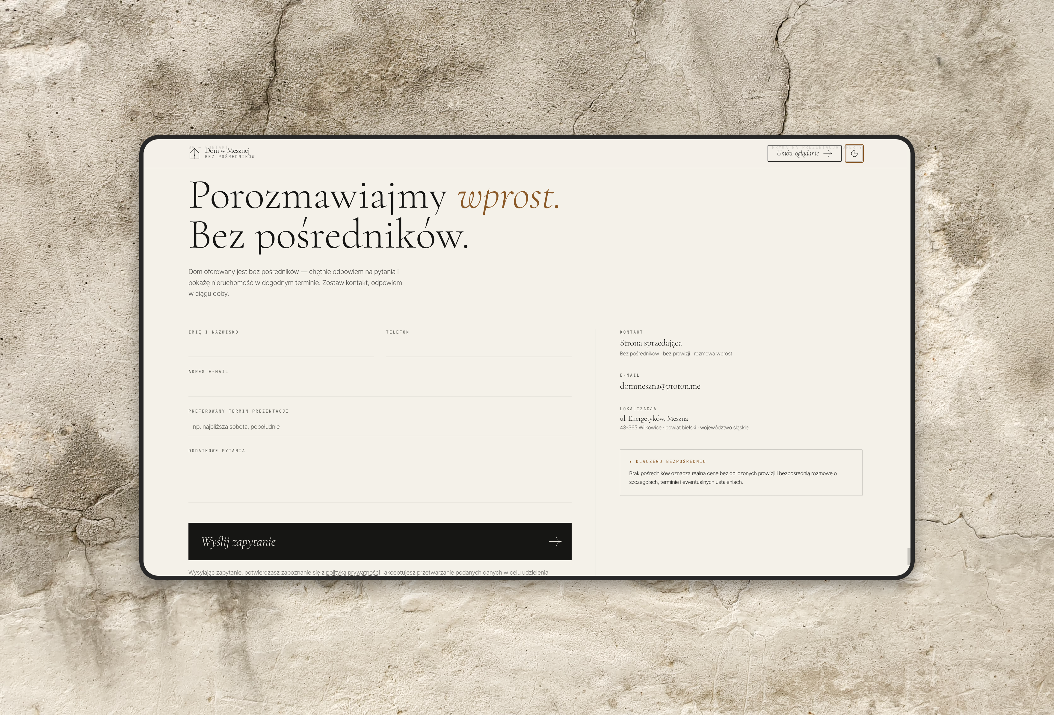 The contact section in the light theme — a direct conversation, without intermediaries