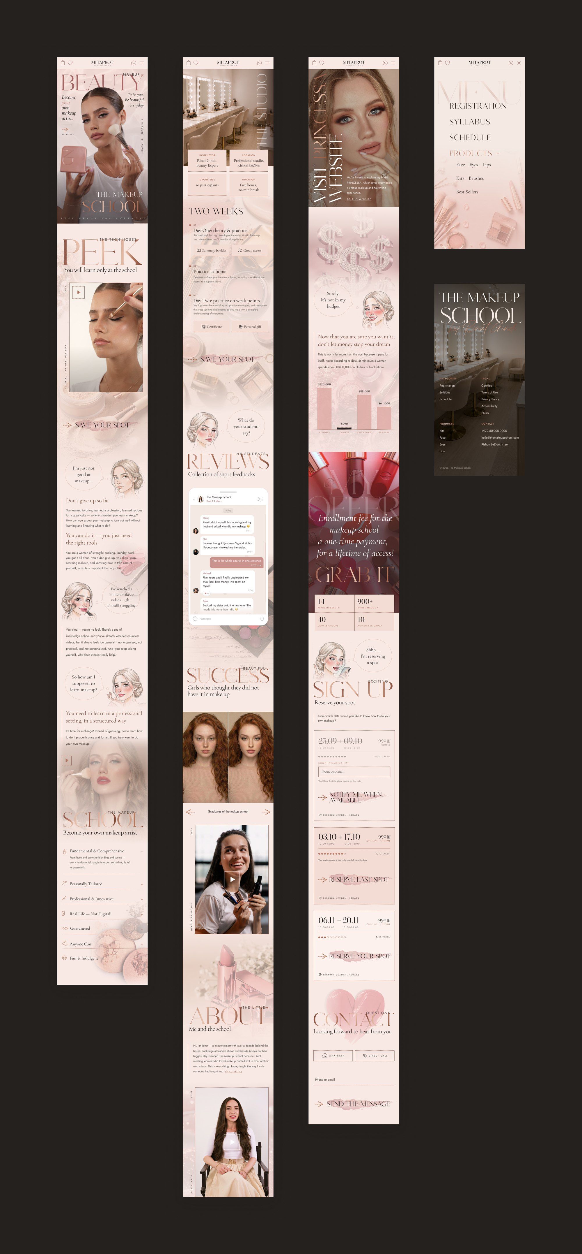 The whole home page in three long columns, with the open menu and the footer beside them. It runs from the hero and the technique video through the illustrated girl’s doubts, the seven reasons to choose the school, the studio, the two-week plan, the reviews, the graduates and Rinat’s story to the price, the three sign-up cards and the contact form