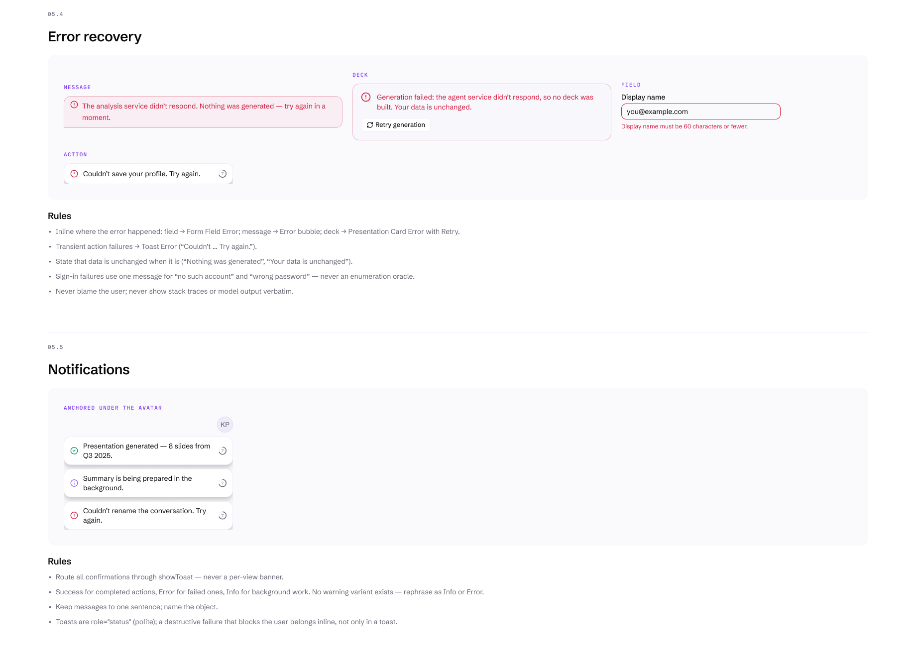 Design-system patterns: error recovery shown inline where each error happens, in a message, the deck card, a form field and an action toast, and notifications anchored under the avatar, each with its rules