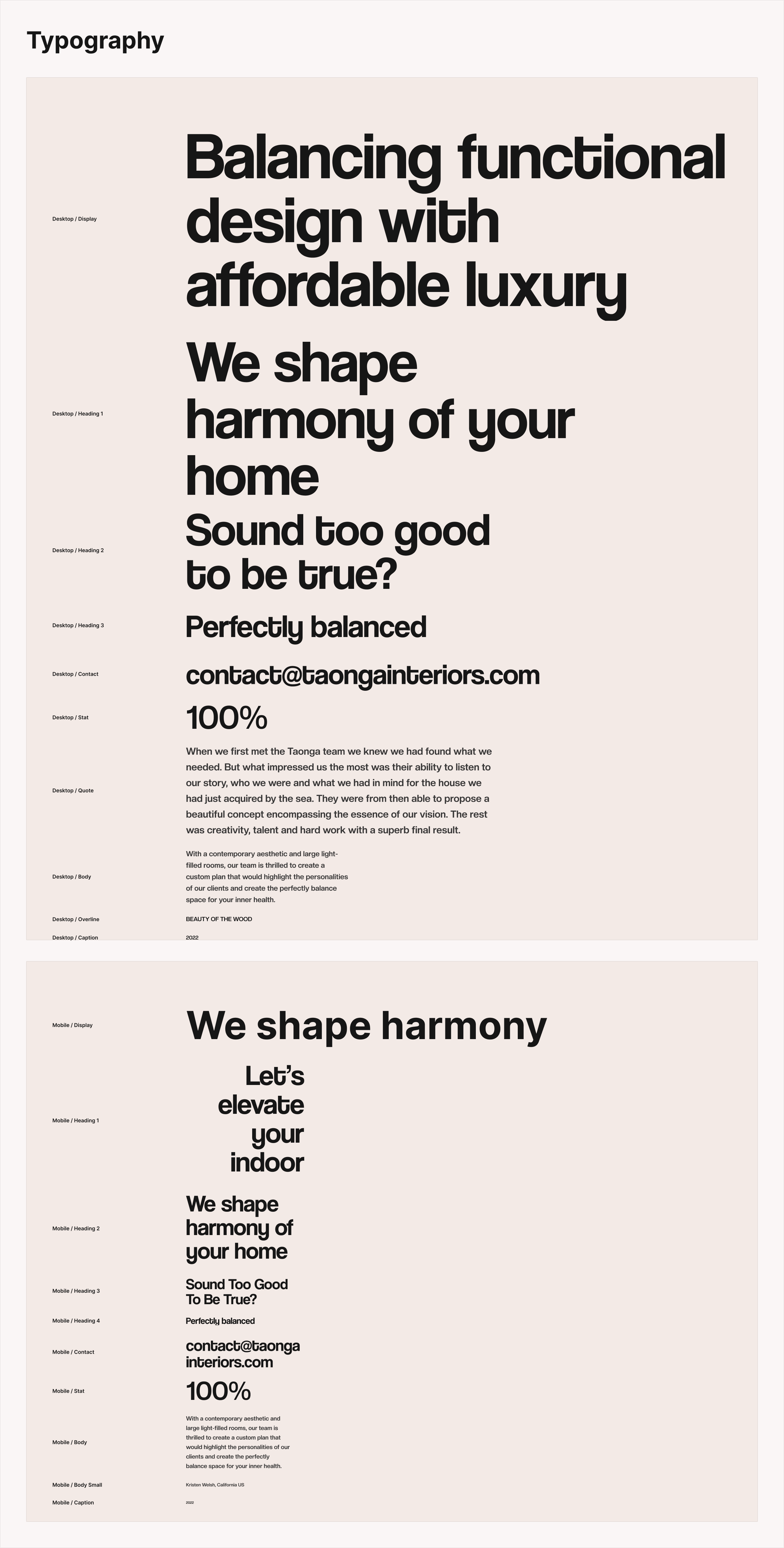 Desktop and mobile text styles in Figma, from Display and the headings down to Body, Overline and Caption, set in the page’s own copy
