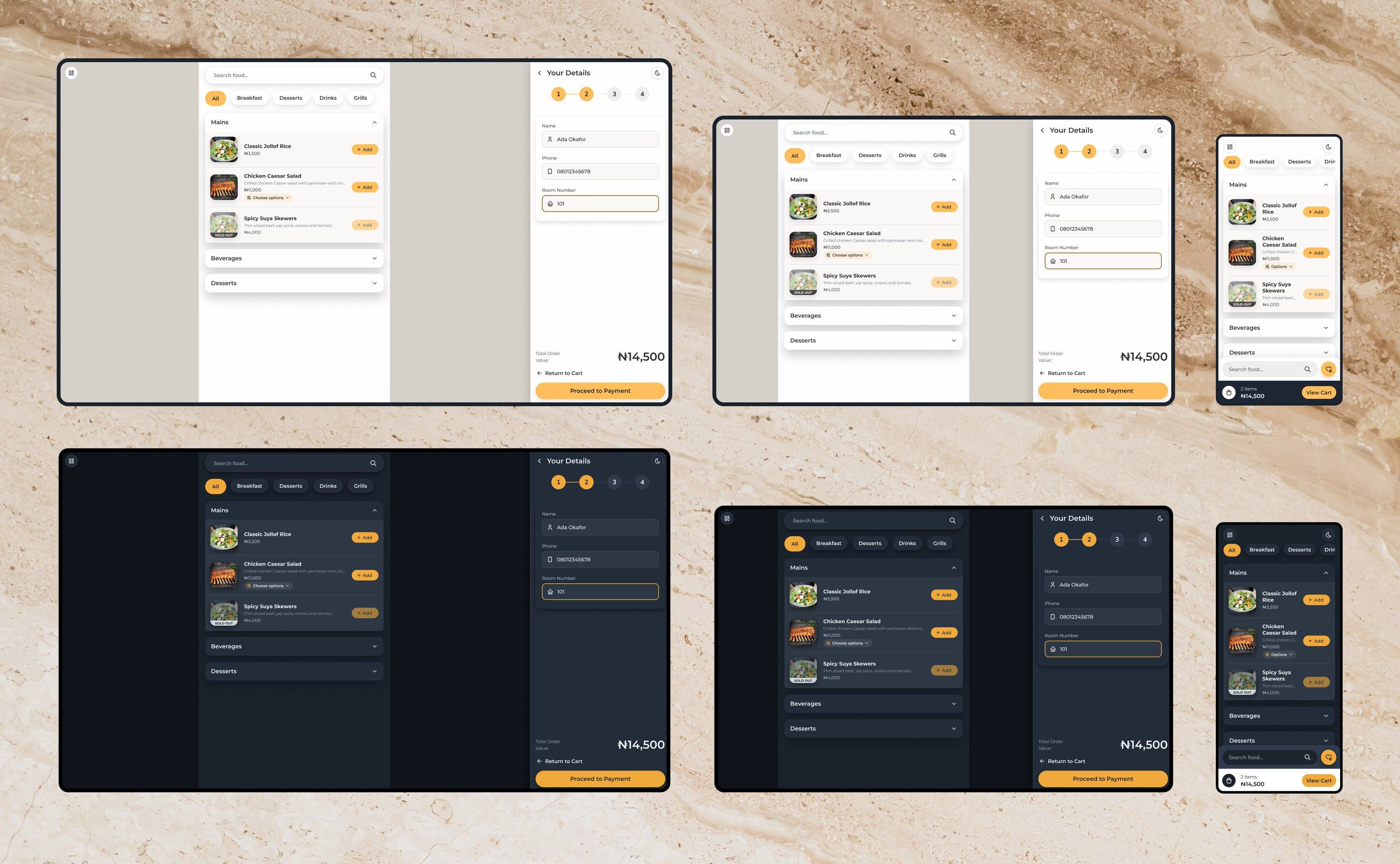 The guest menu and checkout at 1920, 1440 and 390px, in light and dark: one column, with the details step beside it on desktop and the basket bar on the phone