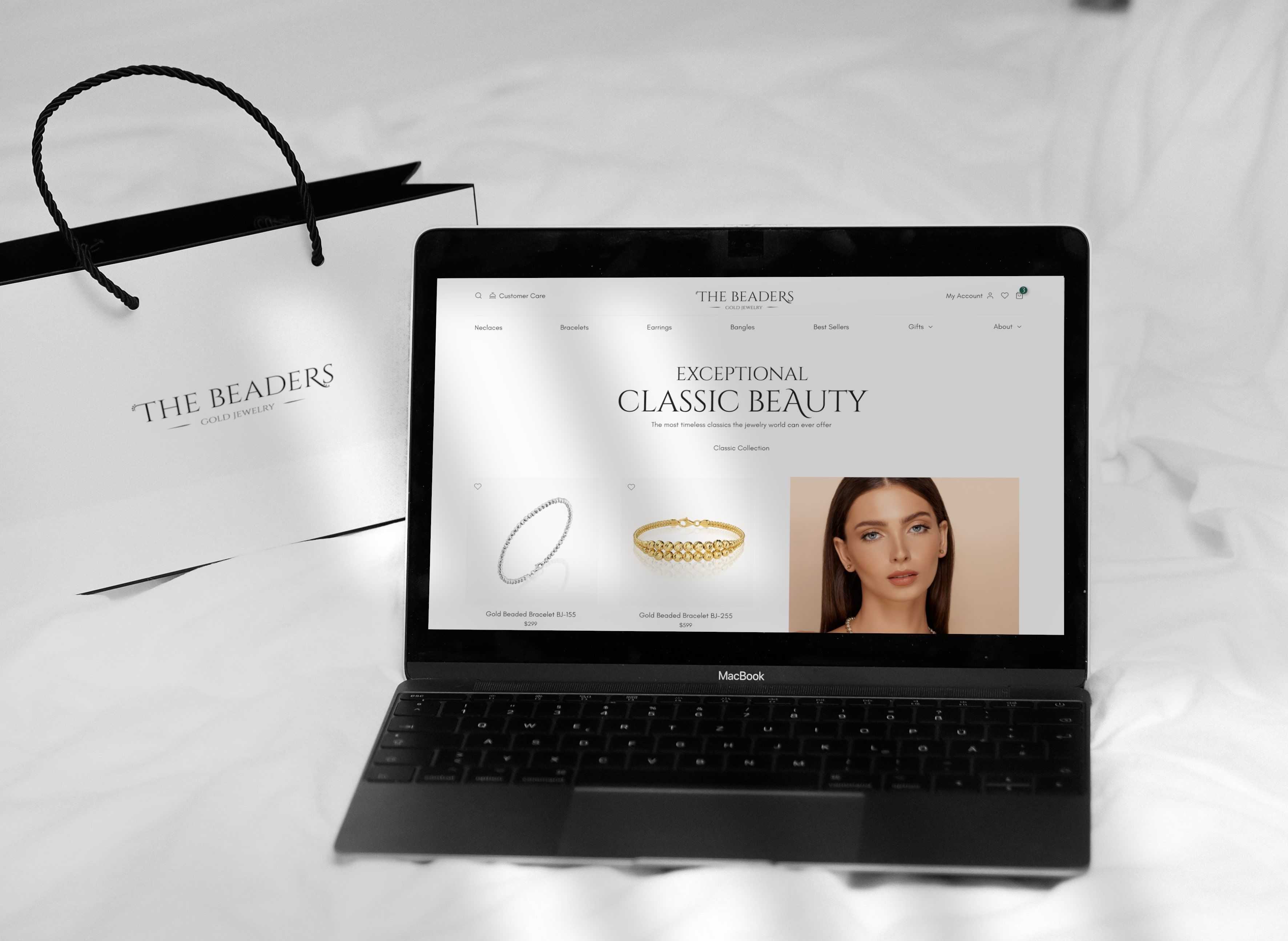 Product Bag and classic beauty products opened on Macbook
