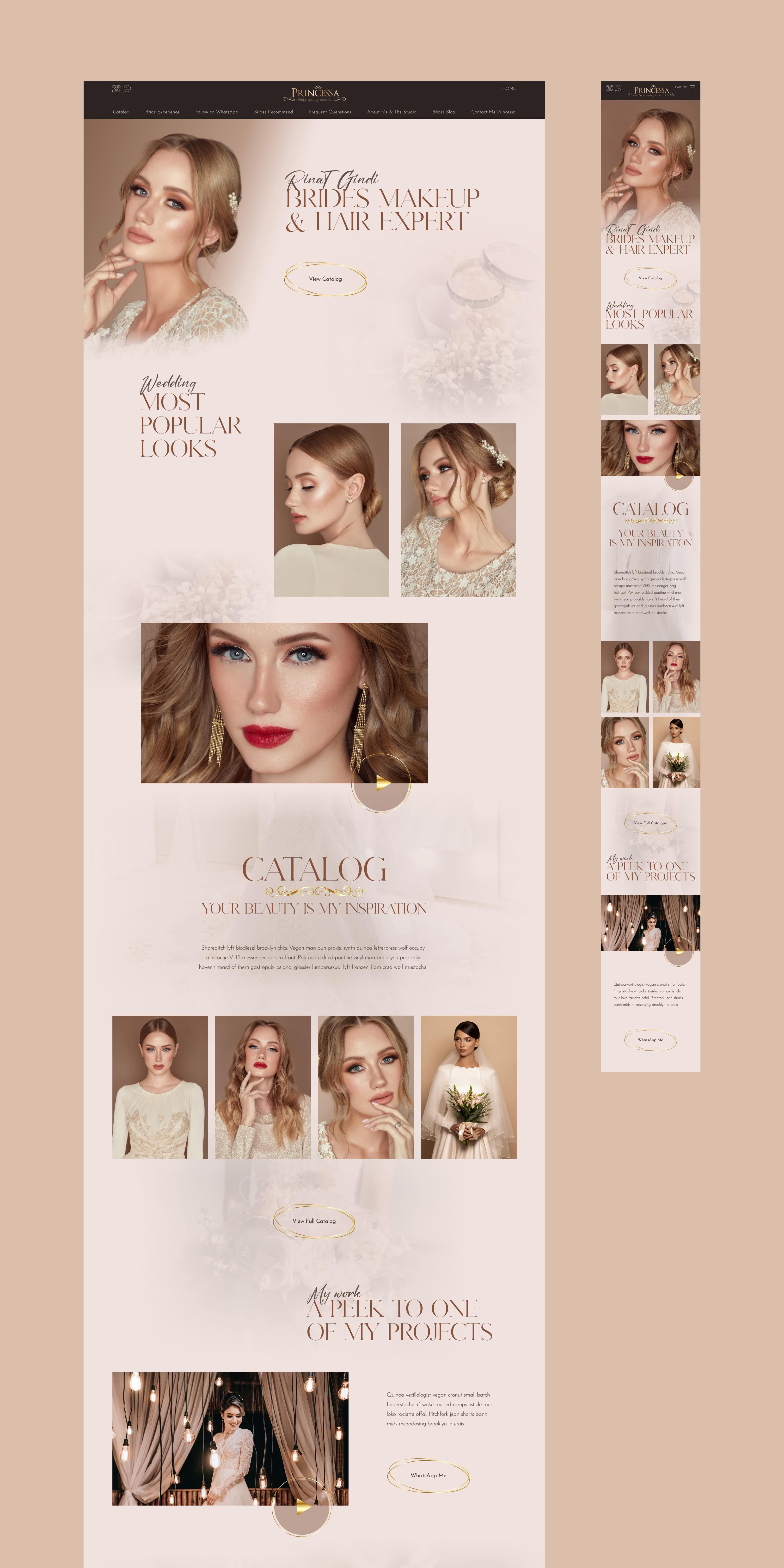 Wedding Makeup & Hair Artist resposnive landing page view for sections: banner, lookbook, catalog, my work