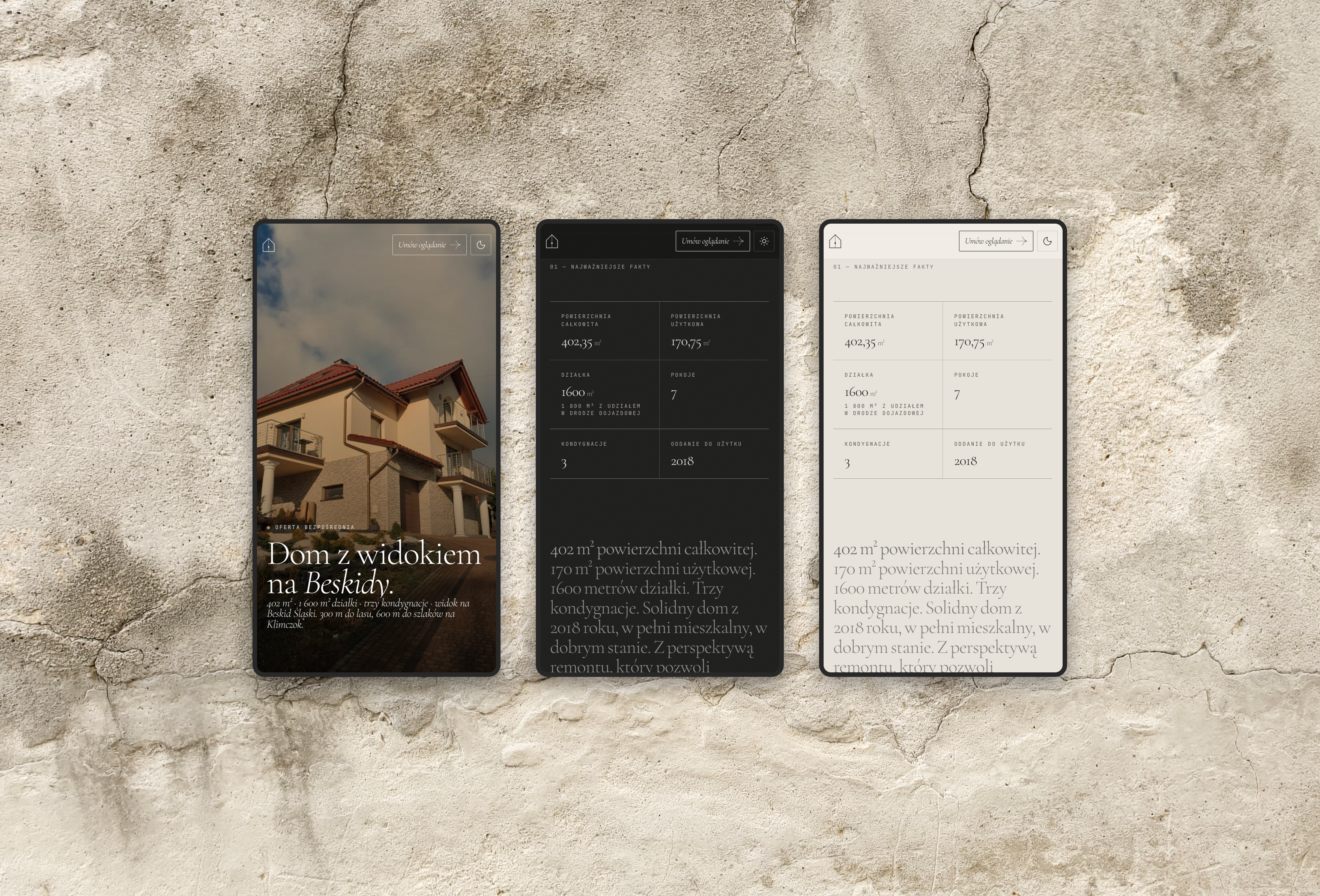 The mobile hero and key facts, in both themes