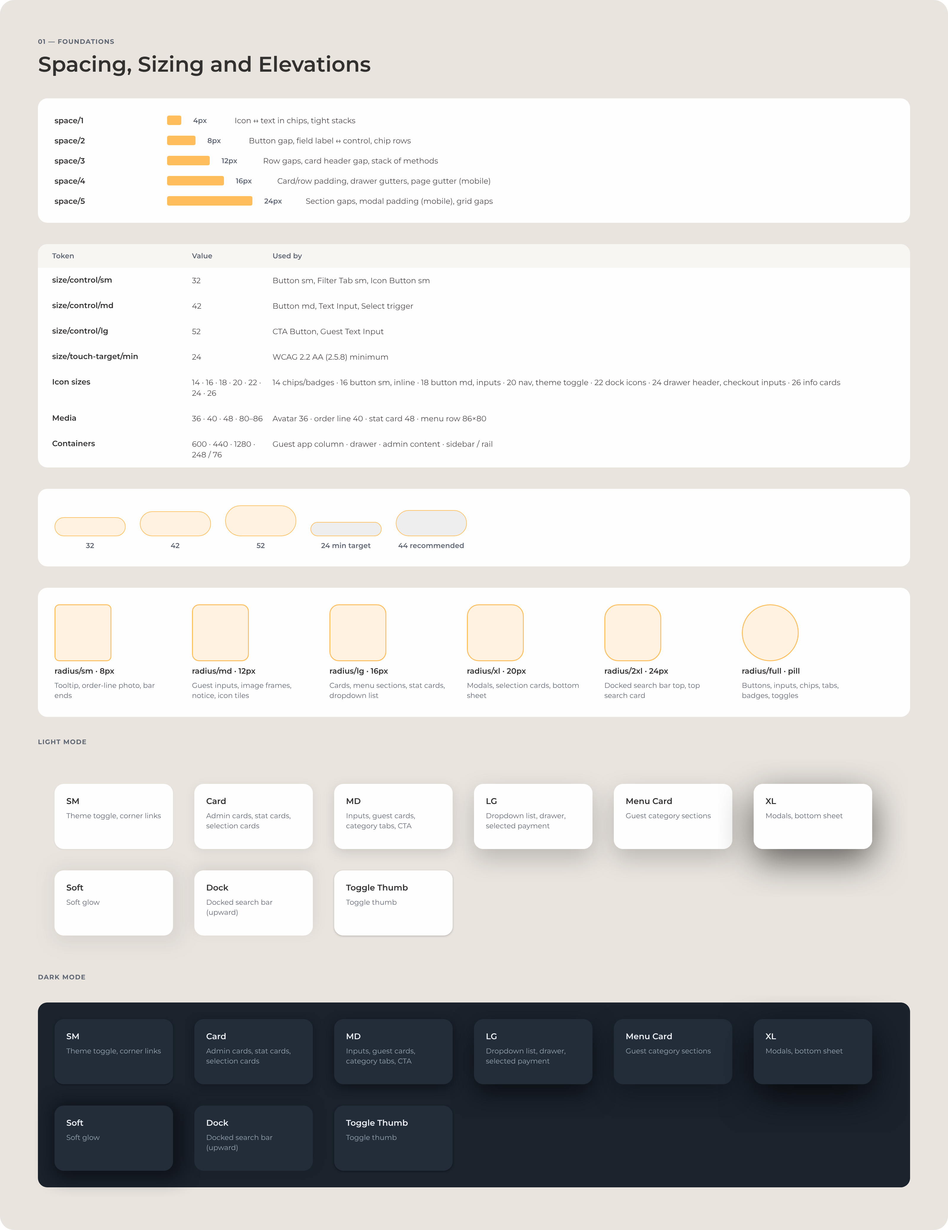 Spacing, sizing and elevations: the spacing scale, control sizes, radii and shadows in light and dark