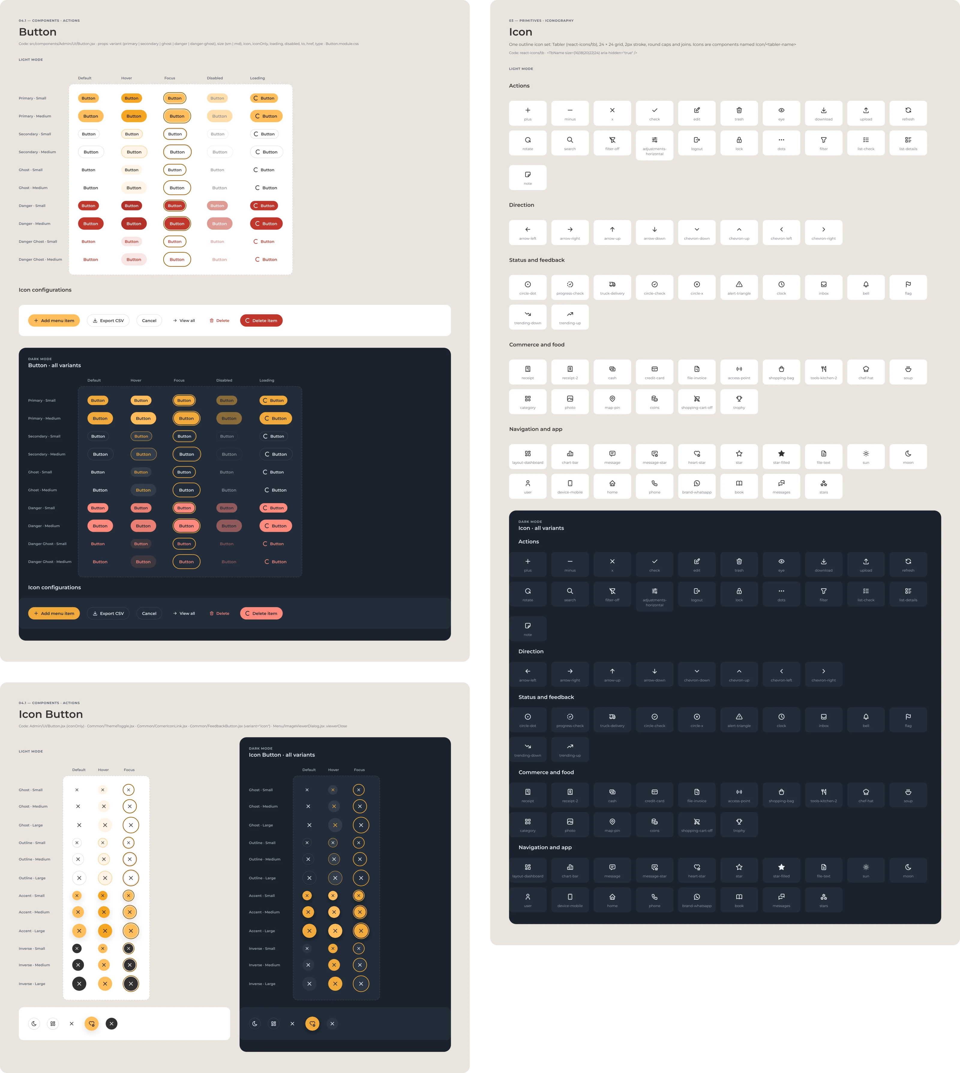 Three component boards, light and dark: the button in five variants and two sizes with its default, hover, focus, disabled and loading states; the icon button in four variants and three sizes; and the icon library, one outline set on a 24px grid, grouped by use