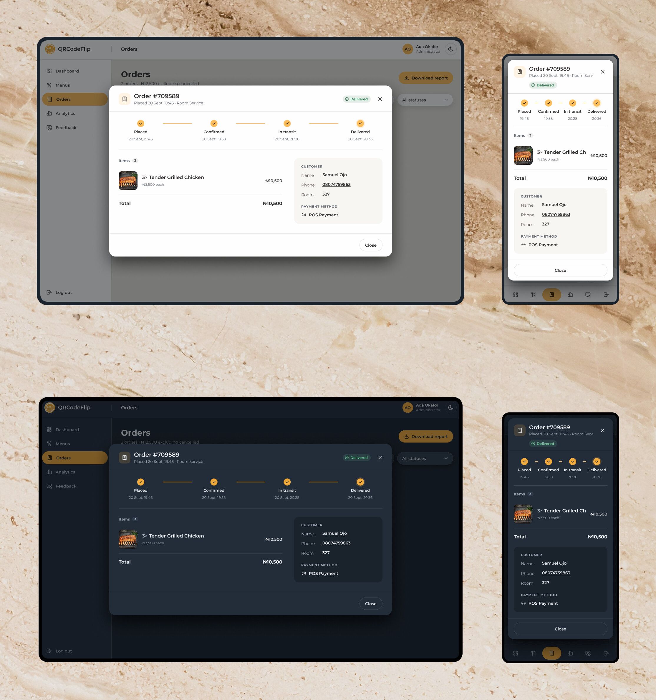 An order at 1440 and 390px, in light and dark: its status from Placed to Delivered, the item, the guest’s room and the payment method